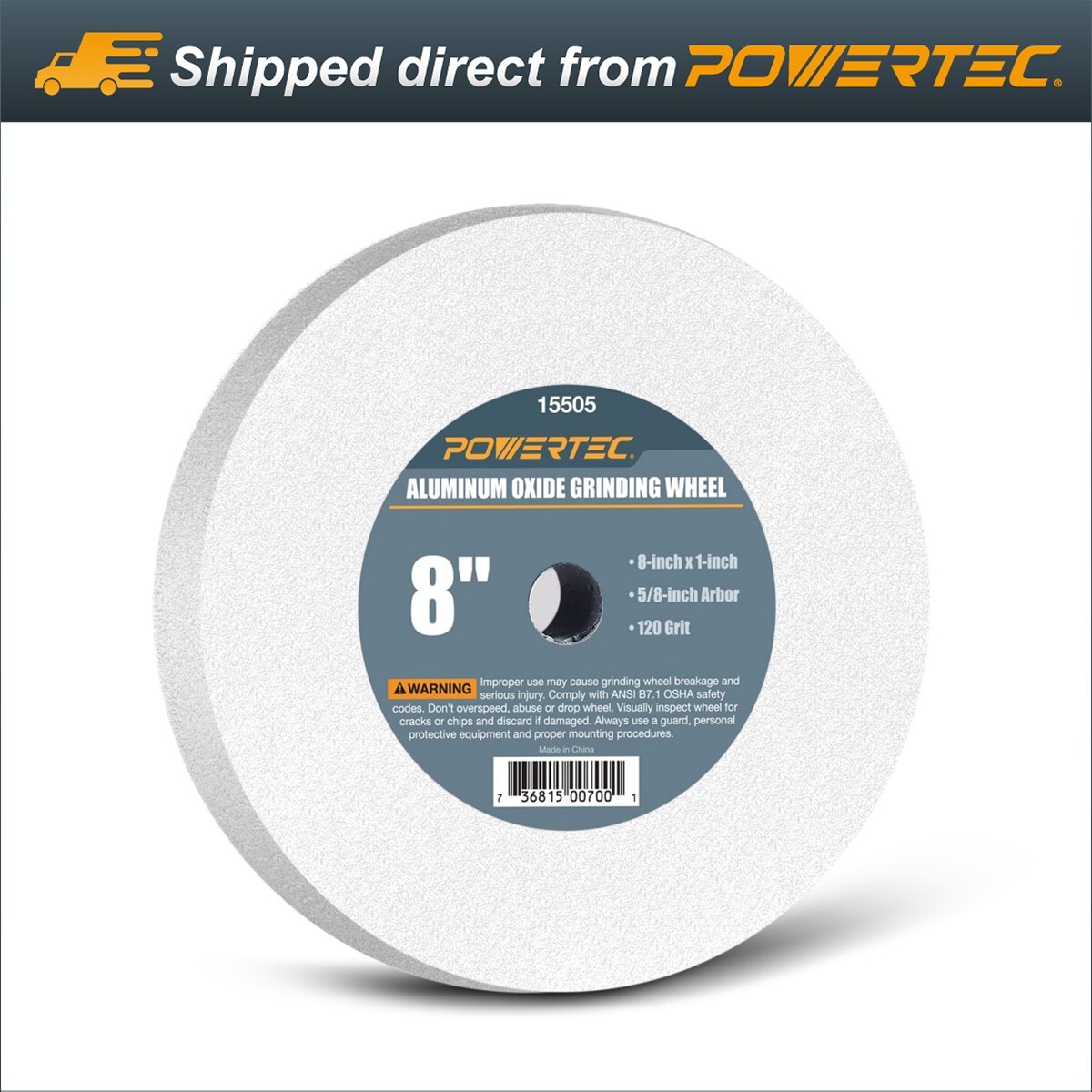 POWERTEC White Grinding Wheel 8×1″ Disc with 5/8″ Arbor 120 Grit Aluminum