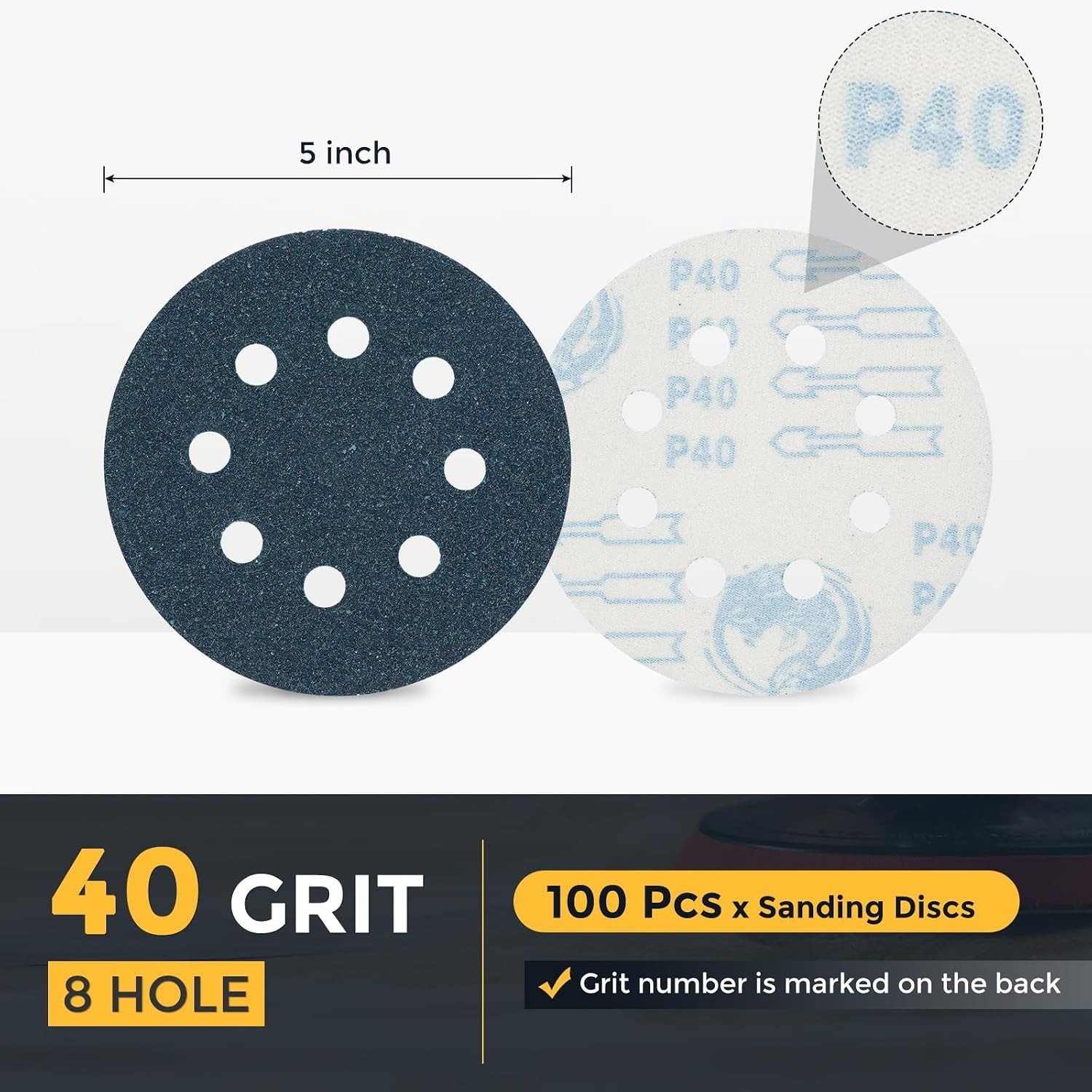 Efficient 40 Grit 5 Inch Sanding Discs with 8 Holes – 100 Count Zirconia Pad