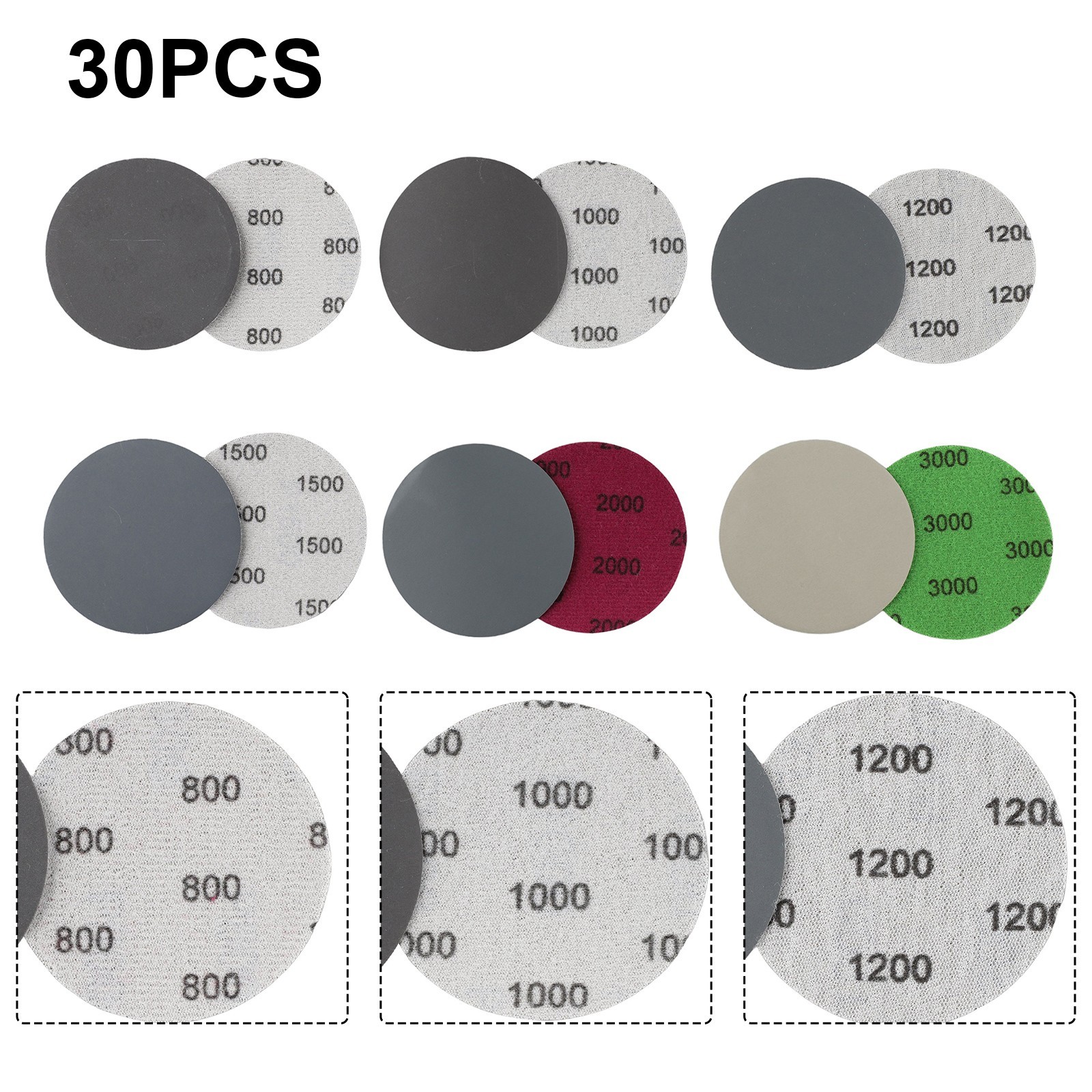 30pcs 3″ 75mm Hook&Loop Wet/Dry 800 1000 1200 1500 3000 Grit Sanding Discs New