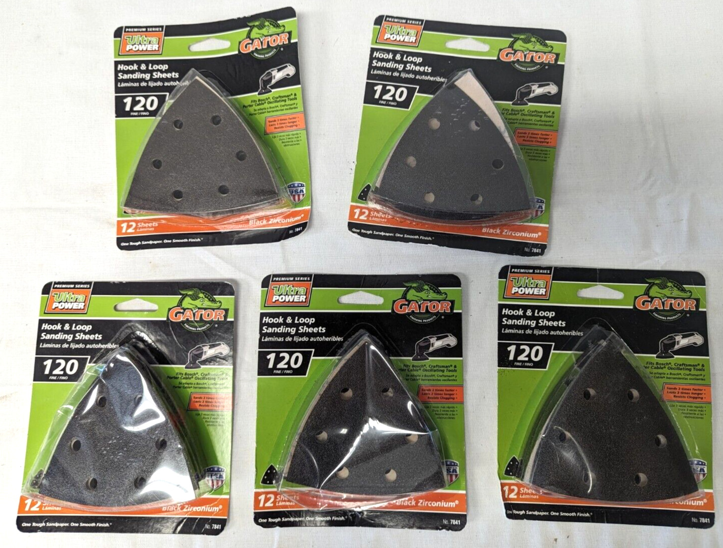 5 pks Gator Ultra Power Hook & Loop 120 Fine Sanding Sheets #7841 Blk zirconium