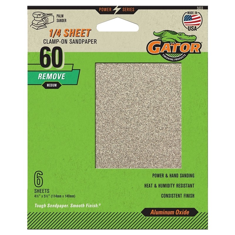 Gator 5033 Sanding Sheet, 4-1/2 in W, 5-1/2 in L, 60 Grit, Coarse, Aluminum Oxid