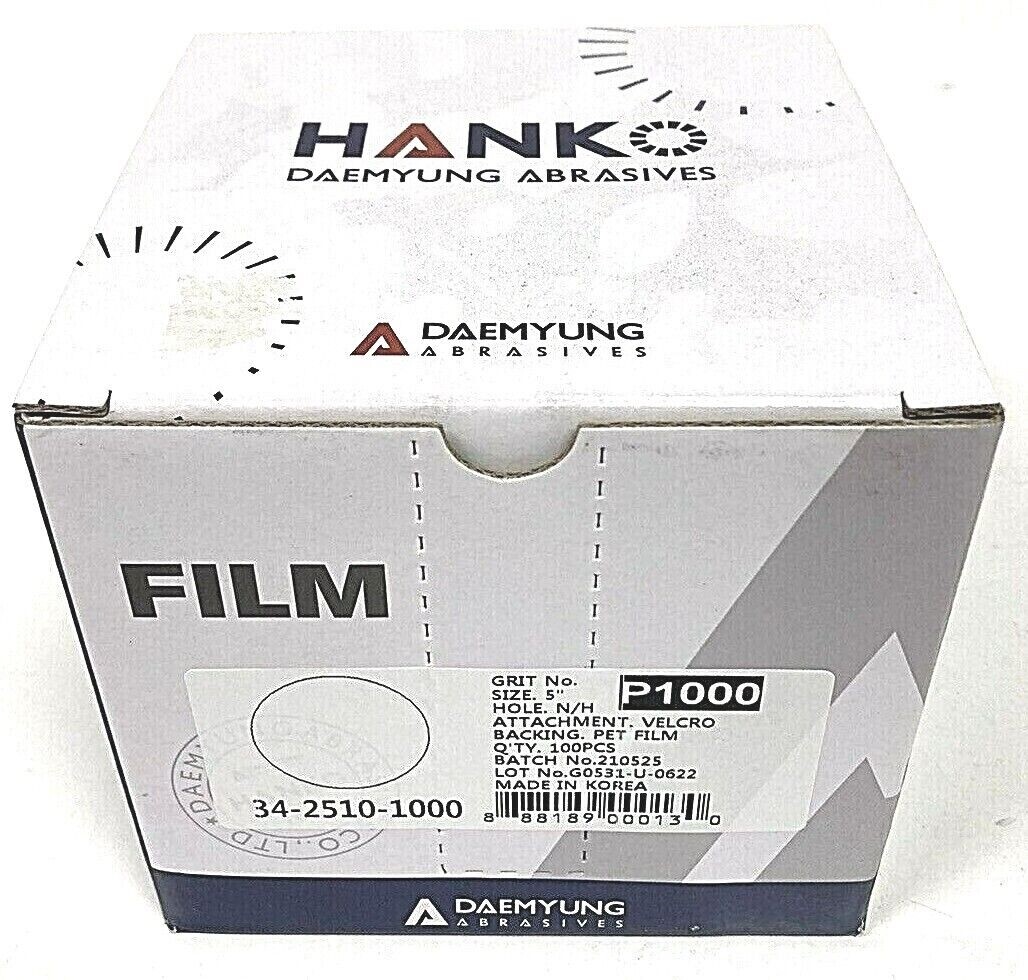 100 Count Box of Hanko 5″ No-Hole Film 1000G Sanding Discs Hook & Loop Backed