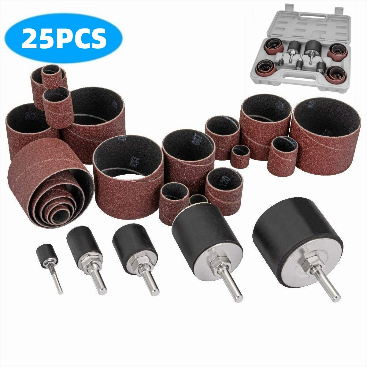 25PCS Woodworking Drill Press Sander Round Sleeves Tool Kit Sanding Drum Set