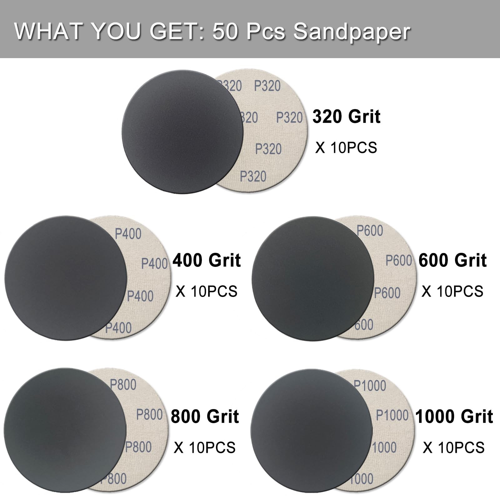 50Pcs 5 Inch Hook and Loop Sanding Discs, 320/400/600/800/1000 Grit Wet Dry S…