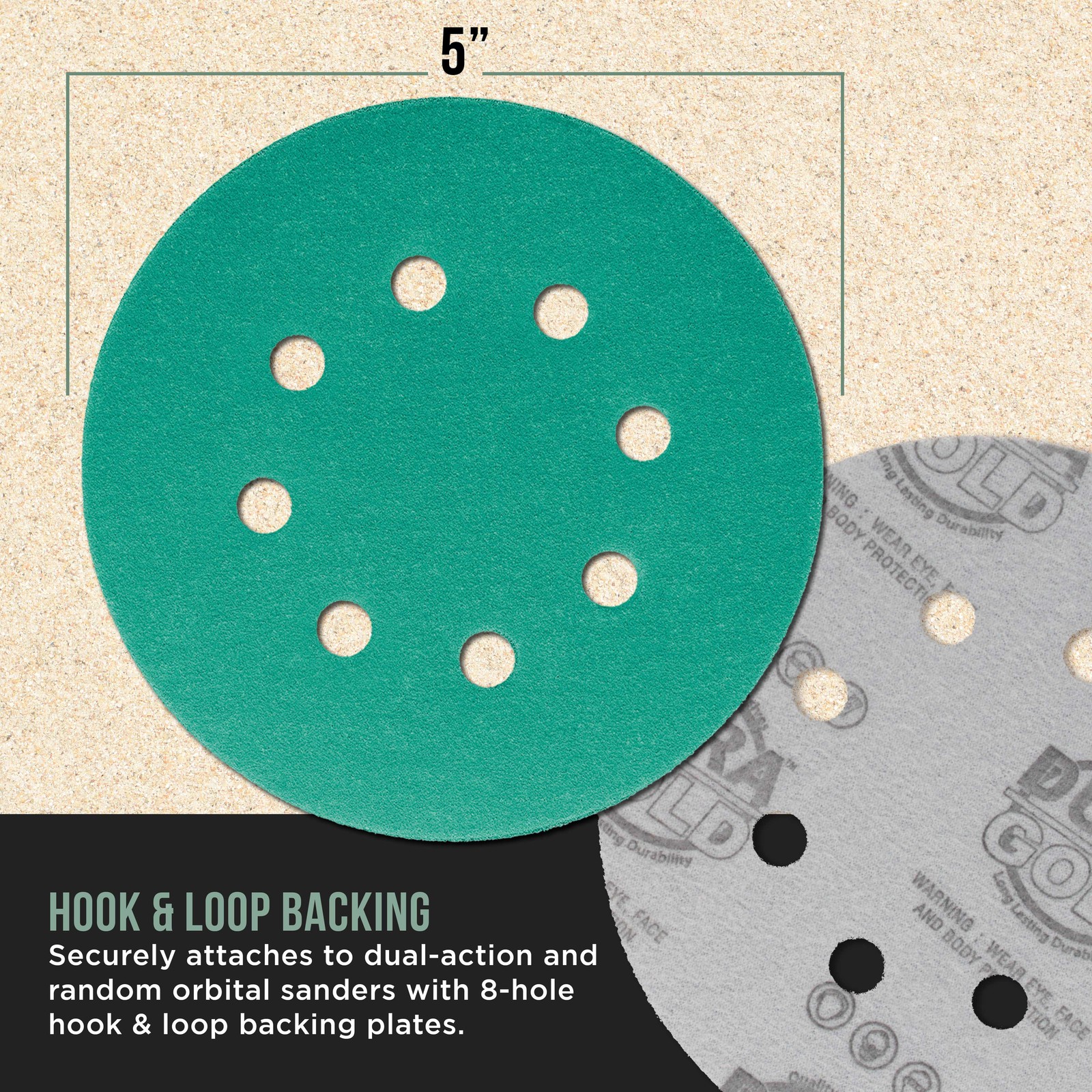 120 Grit 5″ Green Sanding Discs, 8-Hole, Box of 50 – Hook & Loop Sandpaper