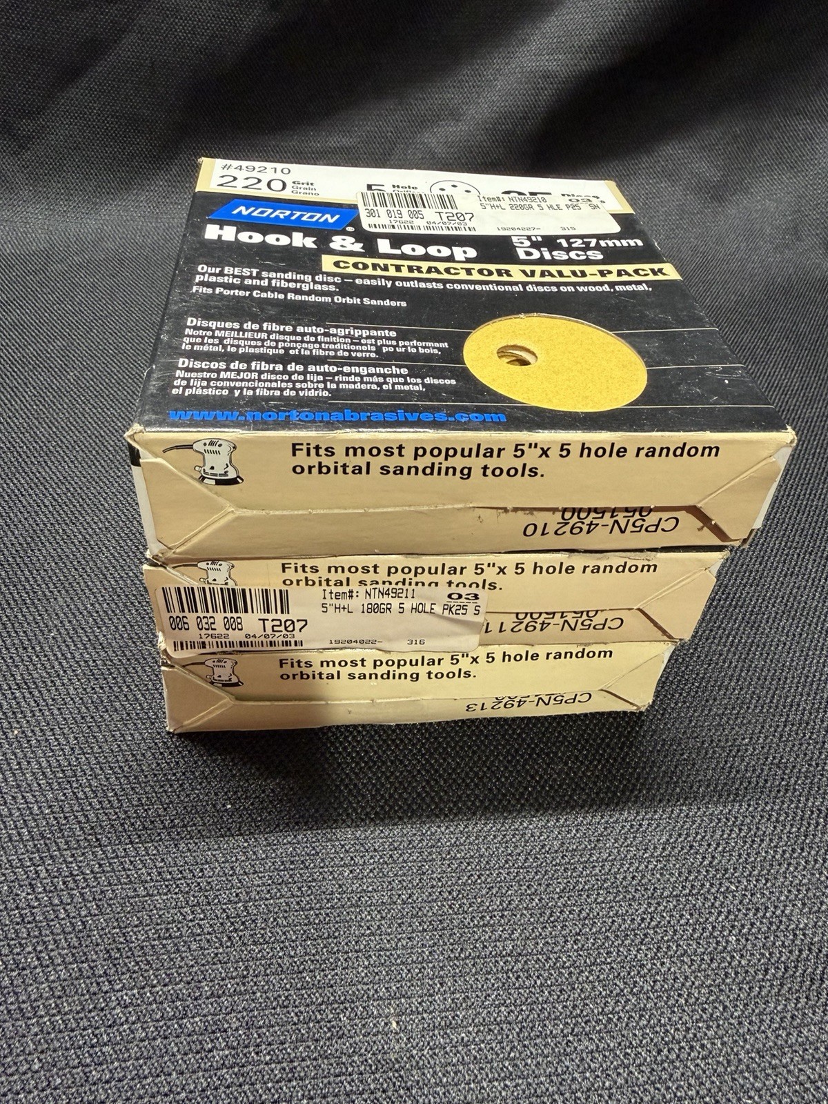 Norton Hook & Hoop 5” 127mm Discs 25 Pack, 3 Packs; 120, 180, 220 Grit