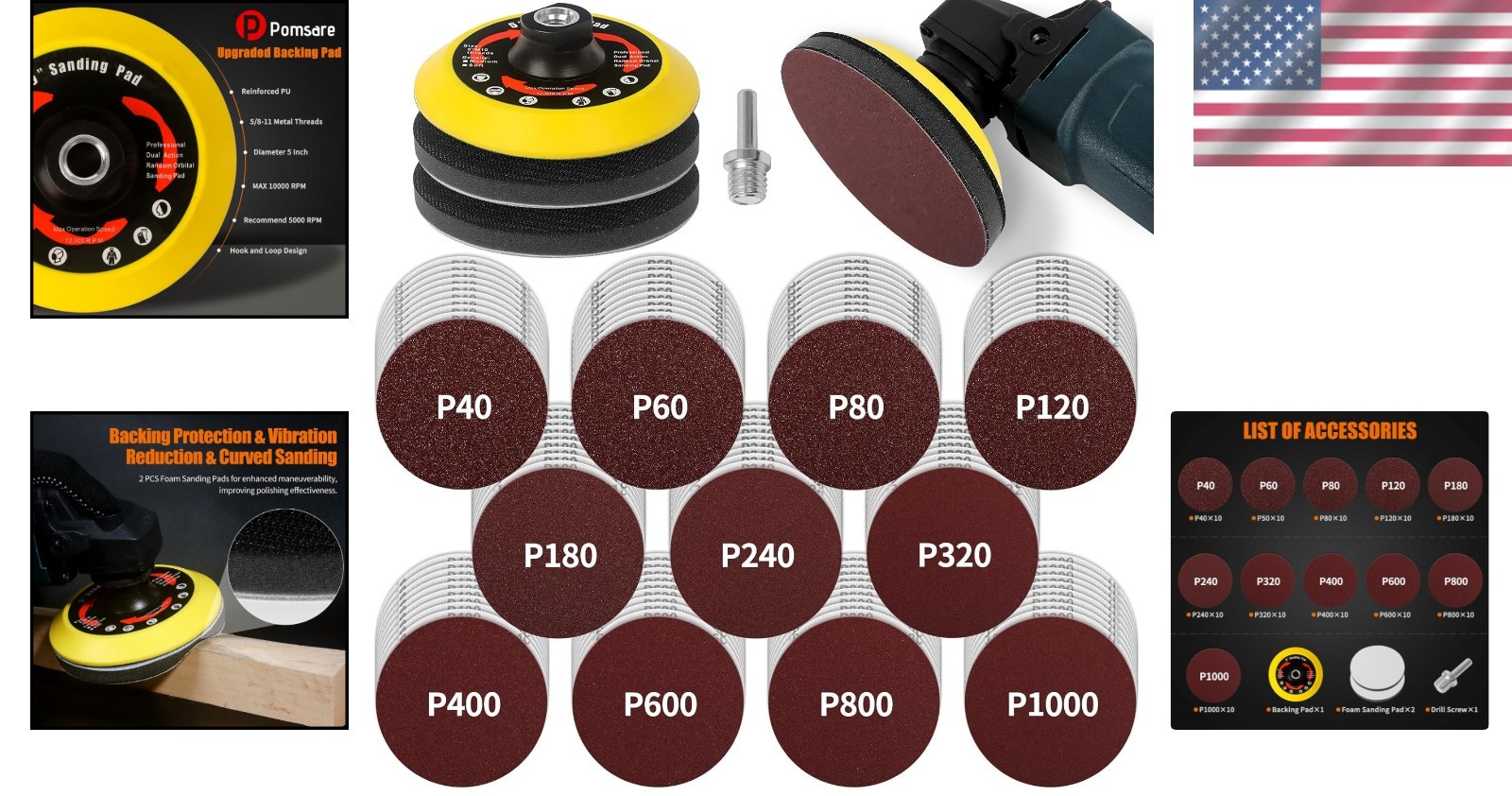 Versatile 114PCS Sanding Disc Kit: 5” Backing Pads for Wood & Metal Polishing