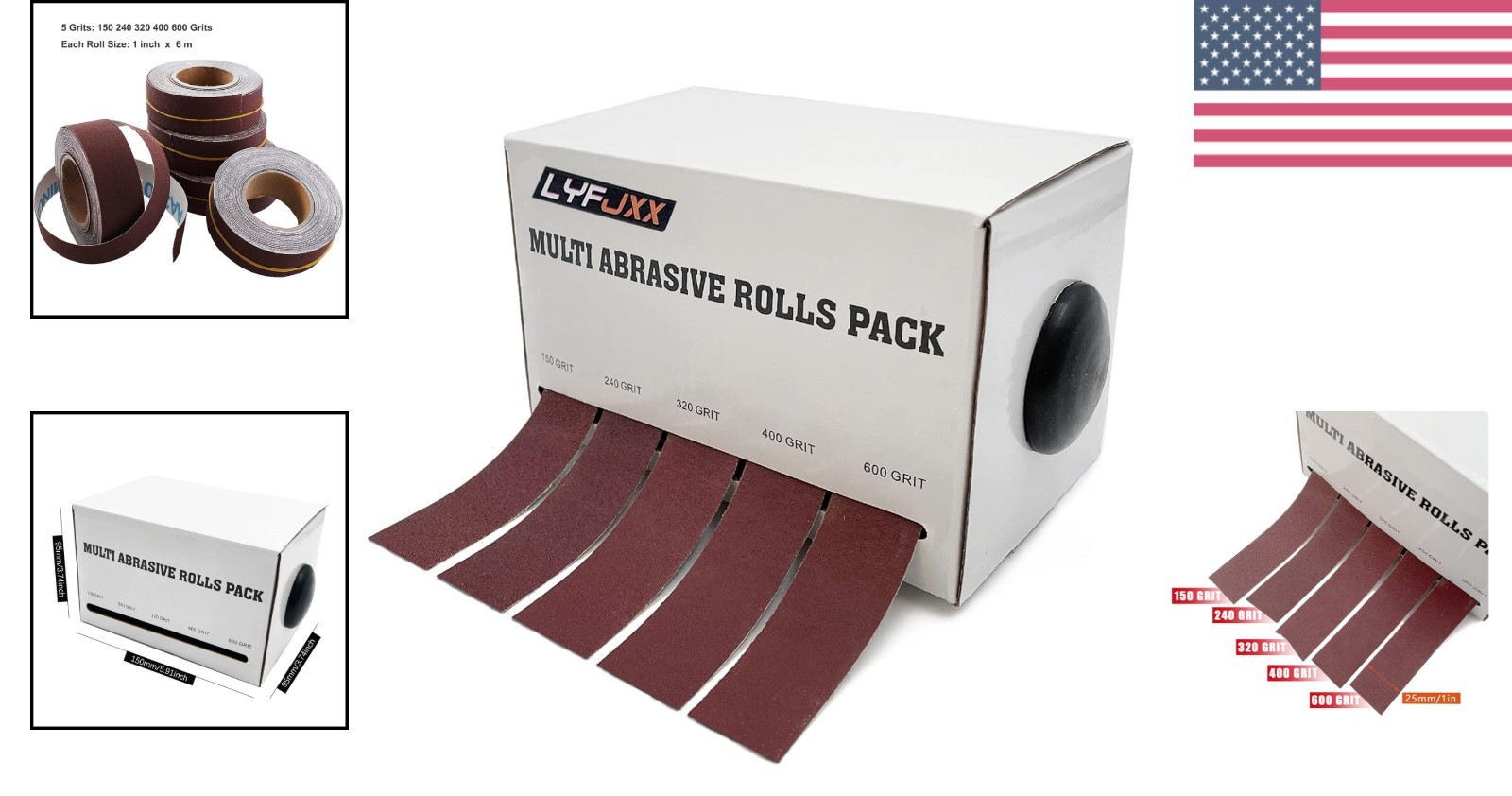 6M Emery Cloth Rolls – 5 Grits for Wood & Metal Polishing, Convenient Dispenser
