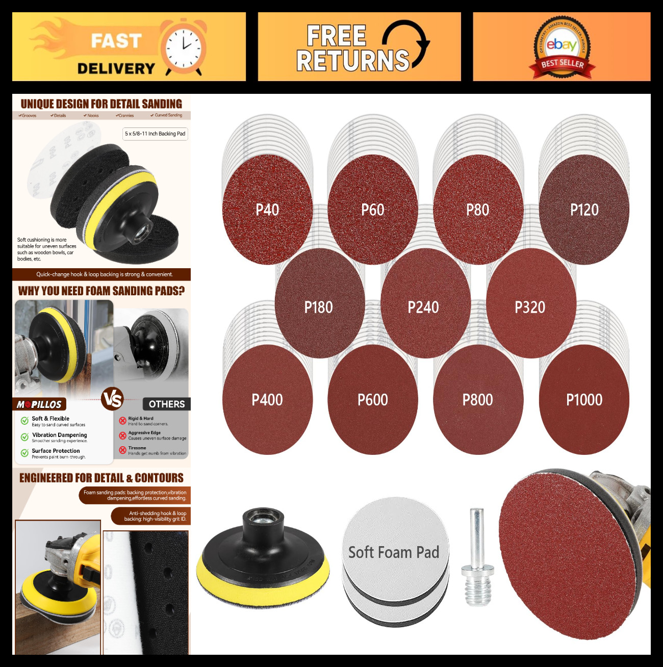 114PCS 5″ Sanding Discs Set, Hook & Loop Foam Backing Pad, 40-1000 Grit for Wood