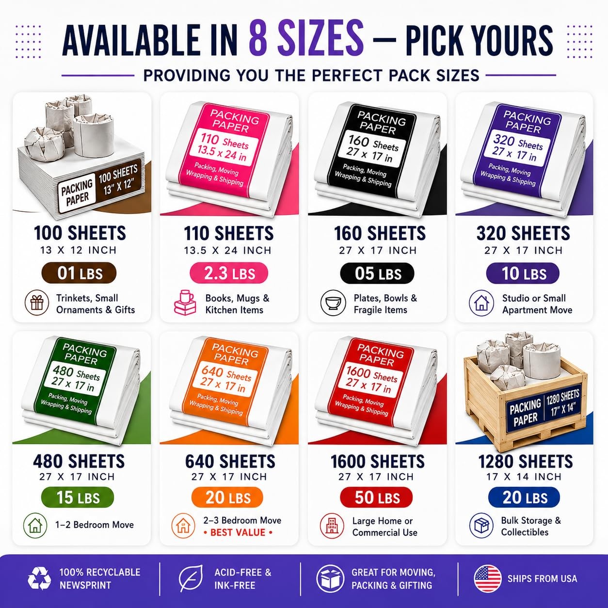 White Bulk Packing Paper Sheets for Moving | 640 sheets | 27″ x 17″ | 20 lb | Tw