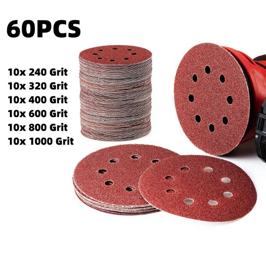 60Pcs 5″ Sanding Discs 8-Hole Orbital Sander Sandpapers 240-1000 Grit Sand Pads