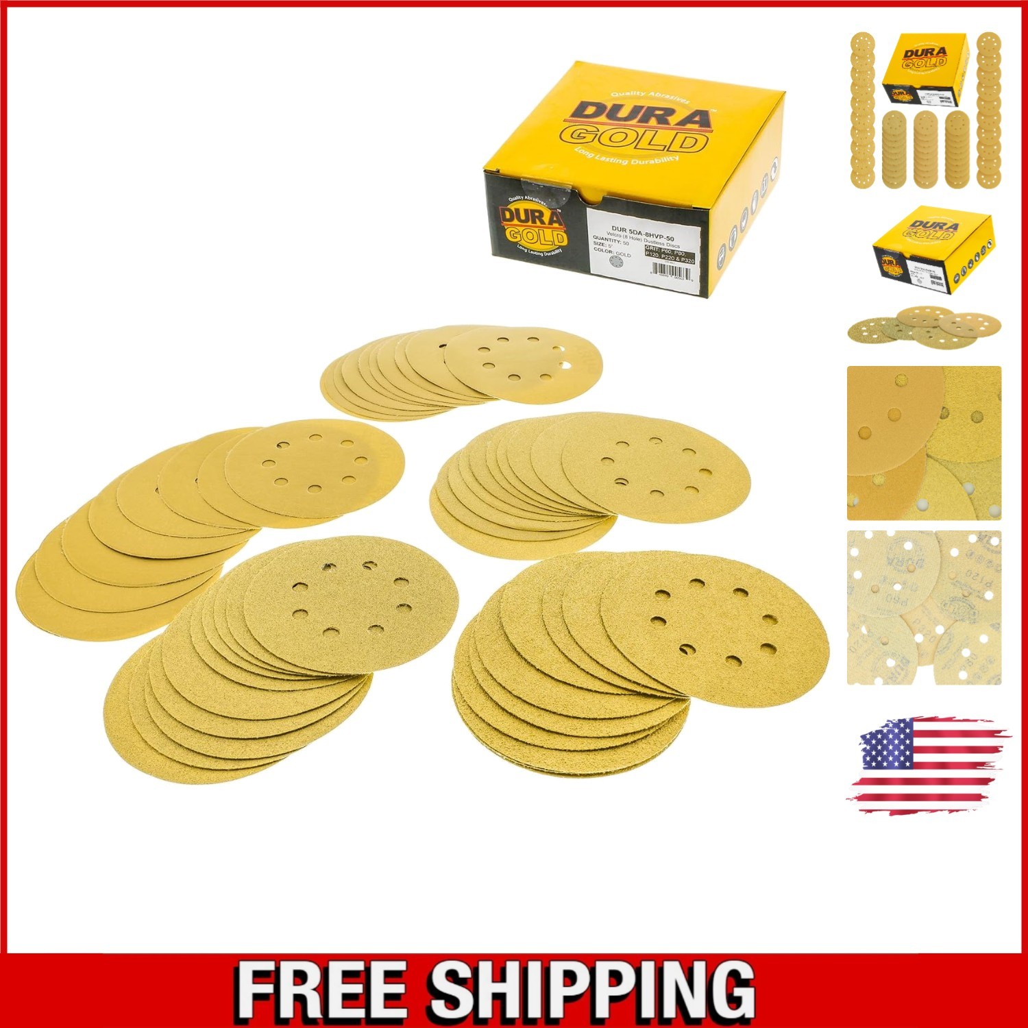 5-Inch Gold Sanding Discs – 50-Piece Variety Pack with 8 Holes for Dust-Free Use