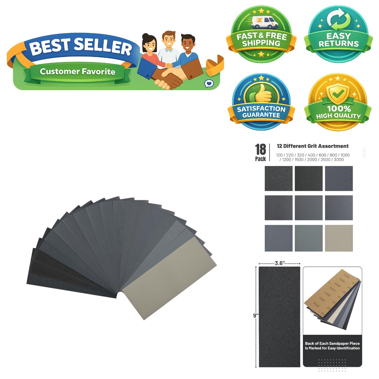 Durable 18 Count Sandpaper Set – Perfect for Wood, Metal, and Automotive Jobs
