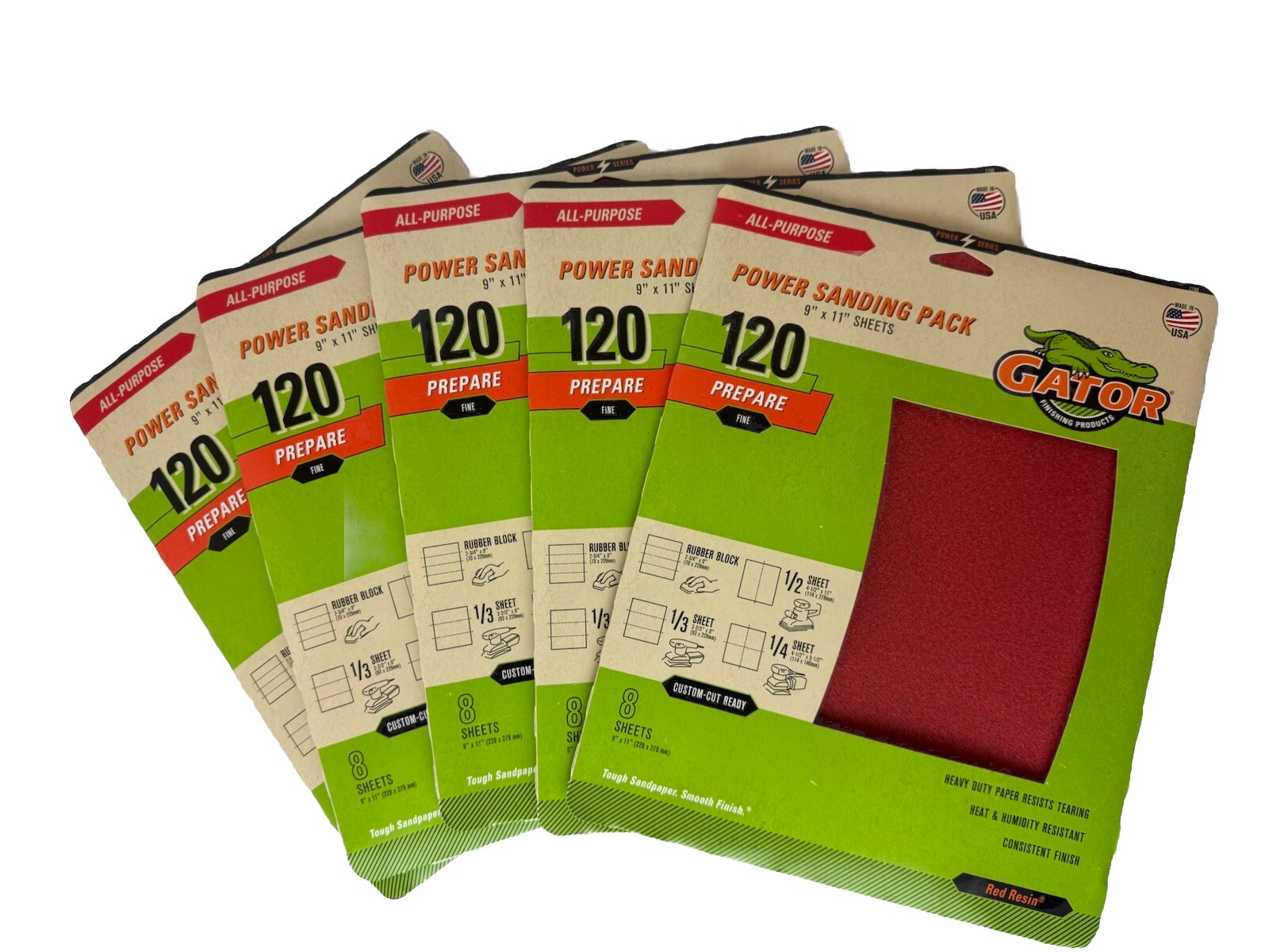 Lot Of 4pk Gator Power Sanding Pack 9 x 11 Sheets 120 Fine 8 Per Pack Sandpaper