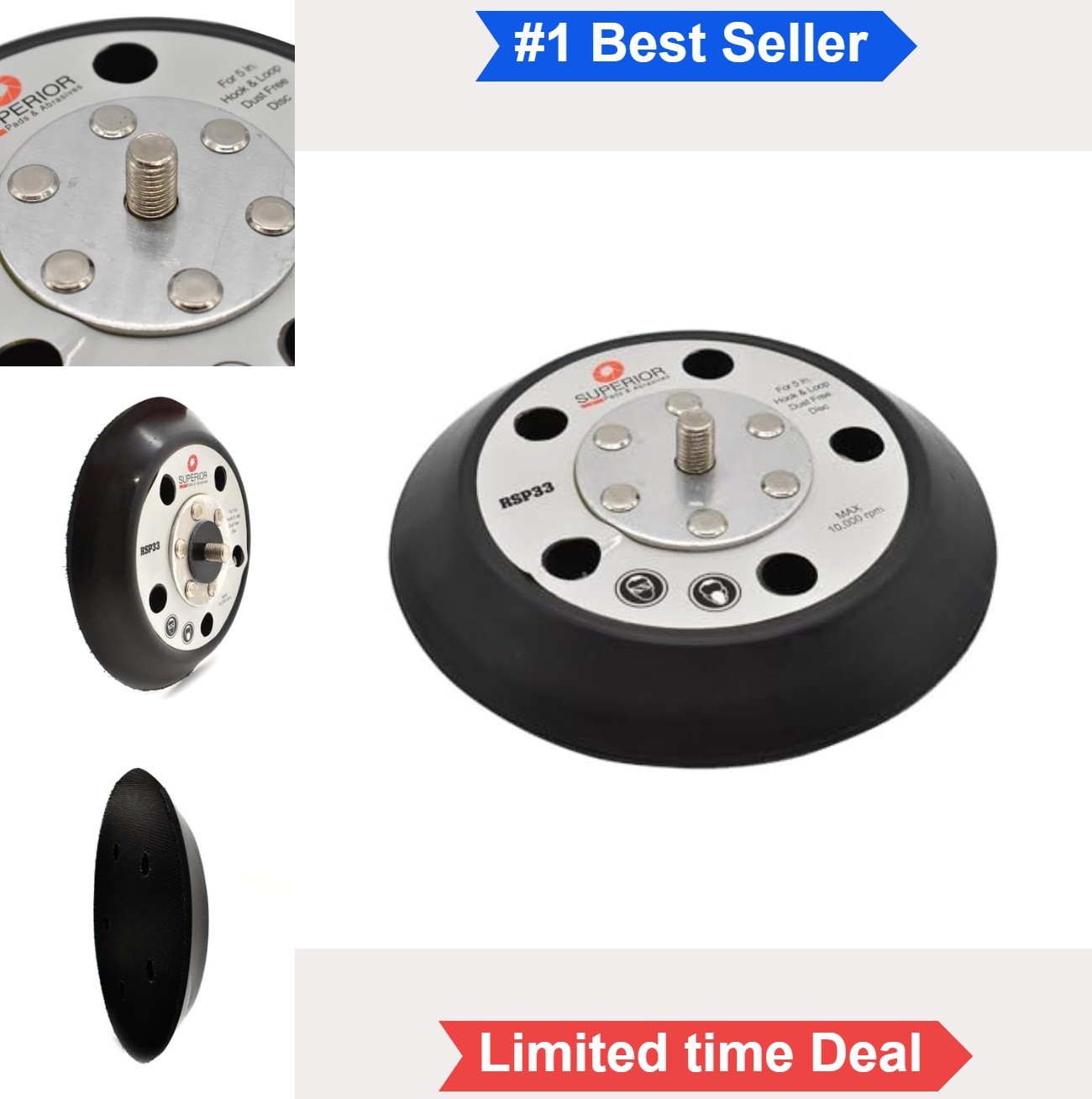 5 Inch Hook and Loop Sander Pad 5 Vacuum Holes Threaded Shaft 5/16-24 UNF