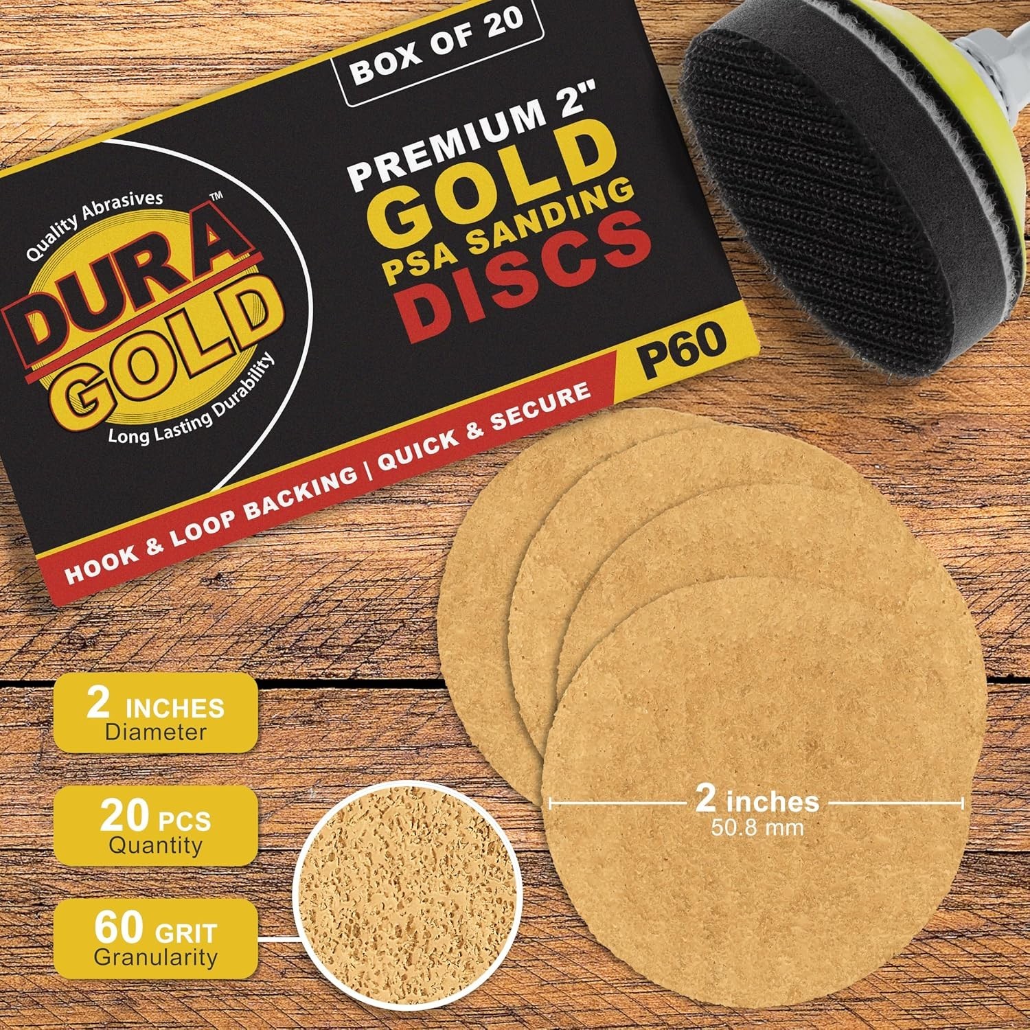 2″ Gold Hook & Loop Sanding Discs – 60 Grit Box of 20 – High-Performance Extr…