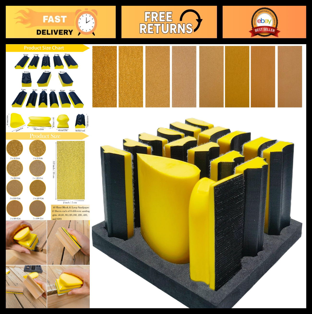 56 PCS Hand Sanding Block Set – 16 Contoured Profile Blocks + 40 Sandpaper Sheet