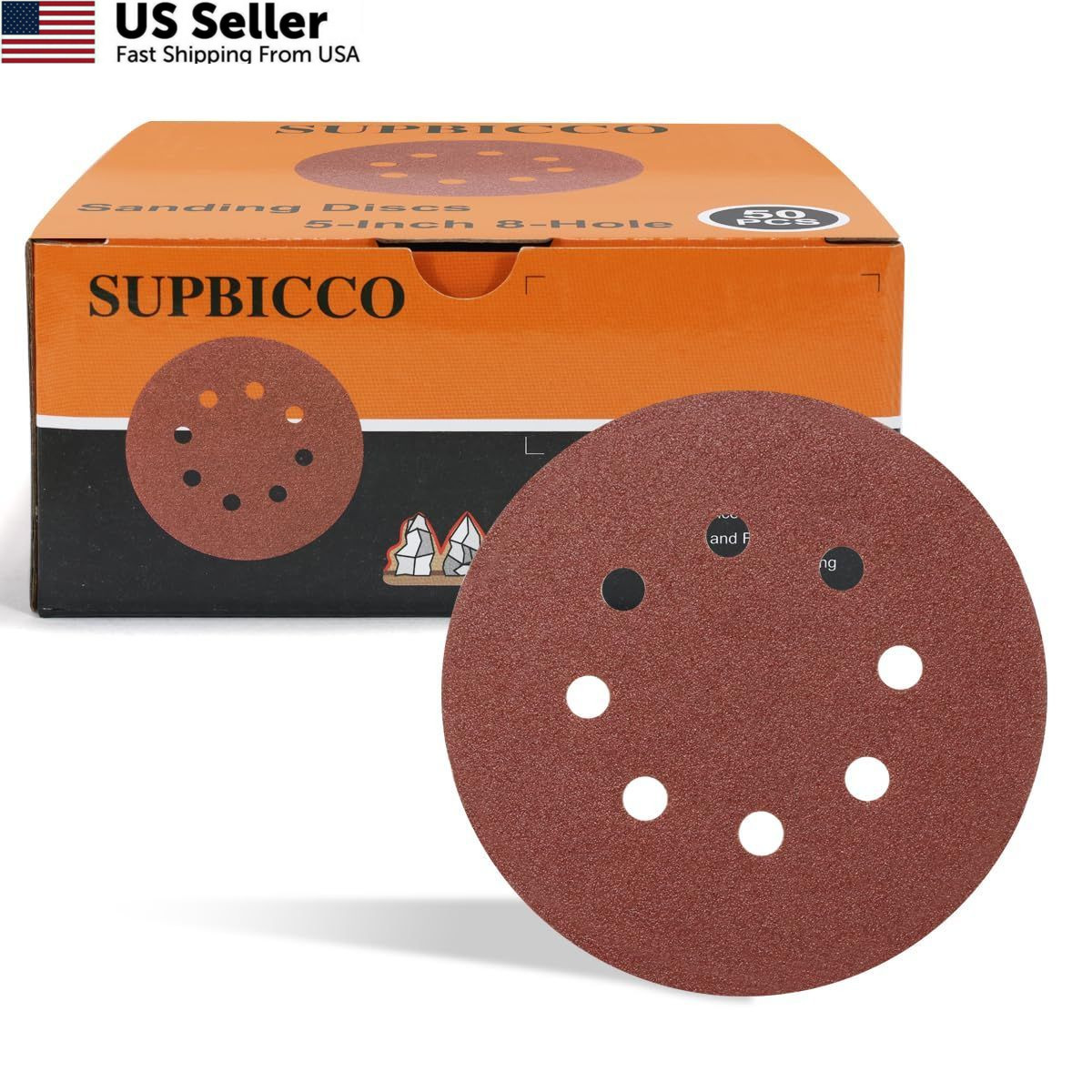 SUPBICCO 50 PCS 60 Grit 5 Inch 8 Hole Sanding Discs, Hook and 5 inches, Gold