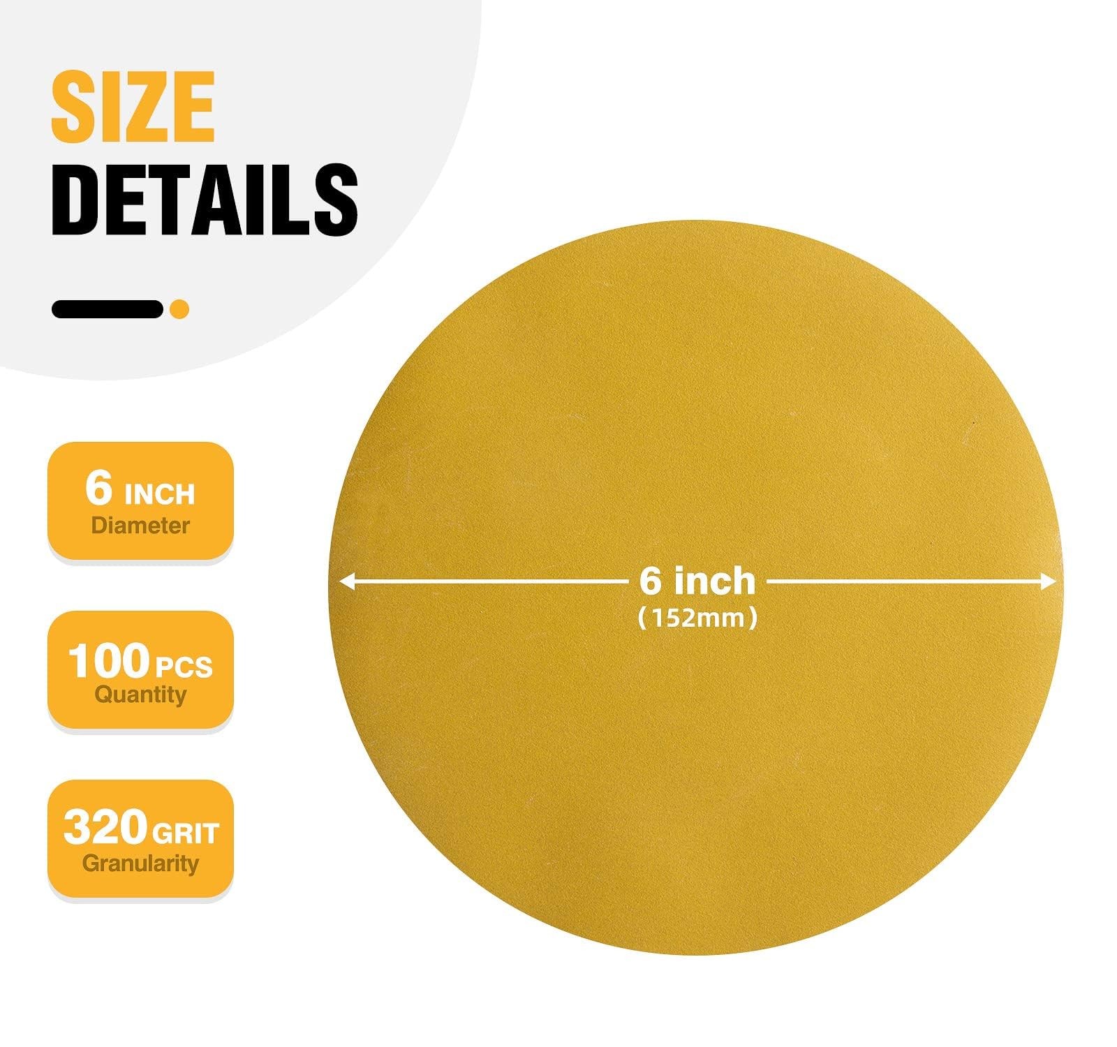 6 Inch 320 Grit Sanding Discs 100 PCS Sticky Back Aluminum Oxide for DA Sander