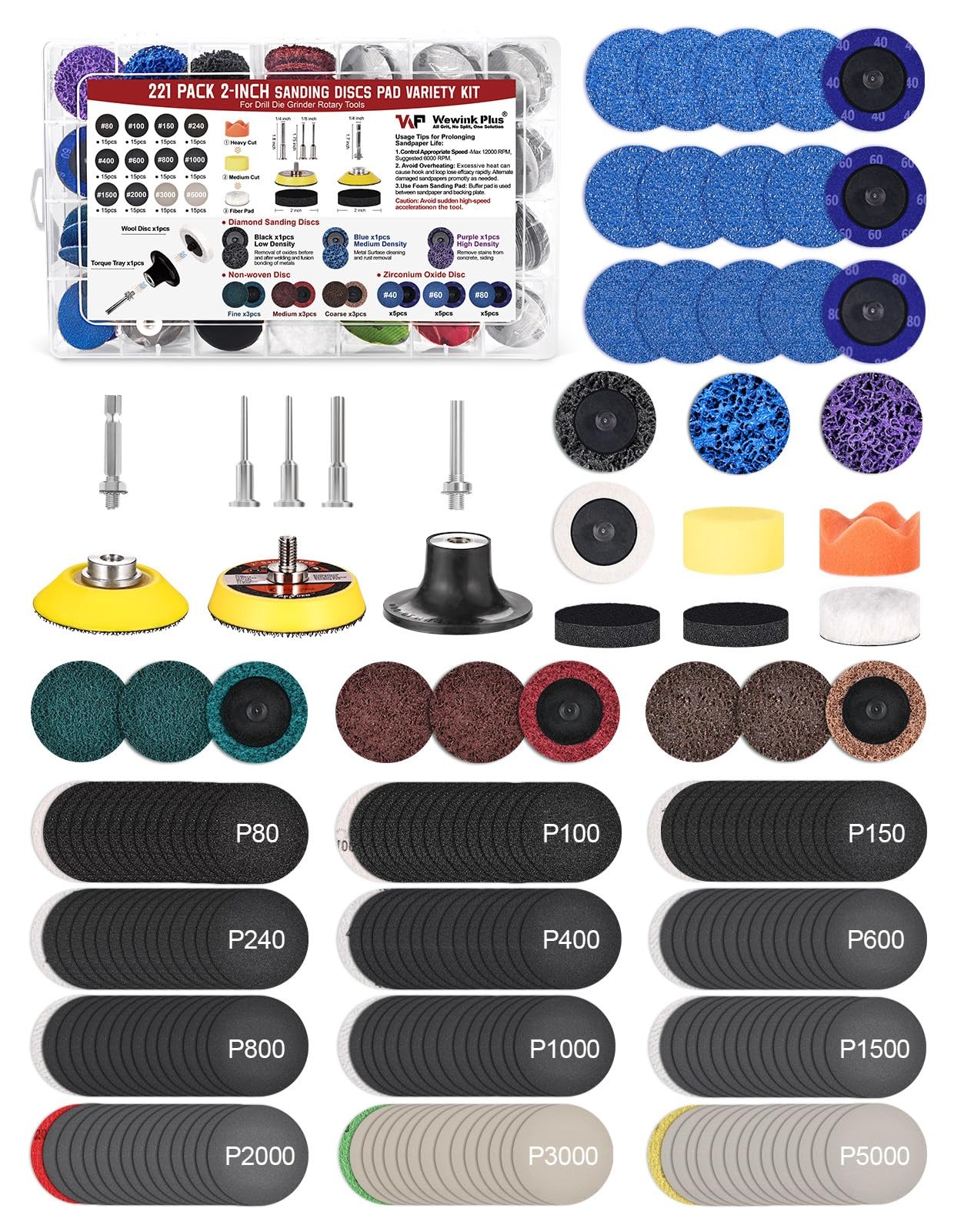 221PCS 2 Inch Die Grinder Sanding Discs Accessories 221Pack Disc Kit