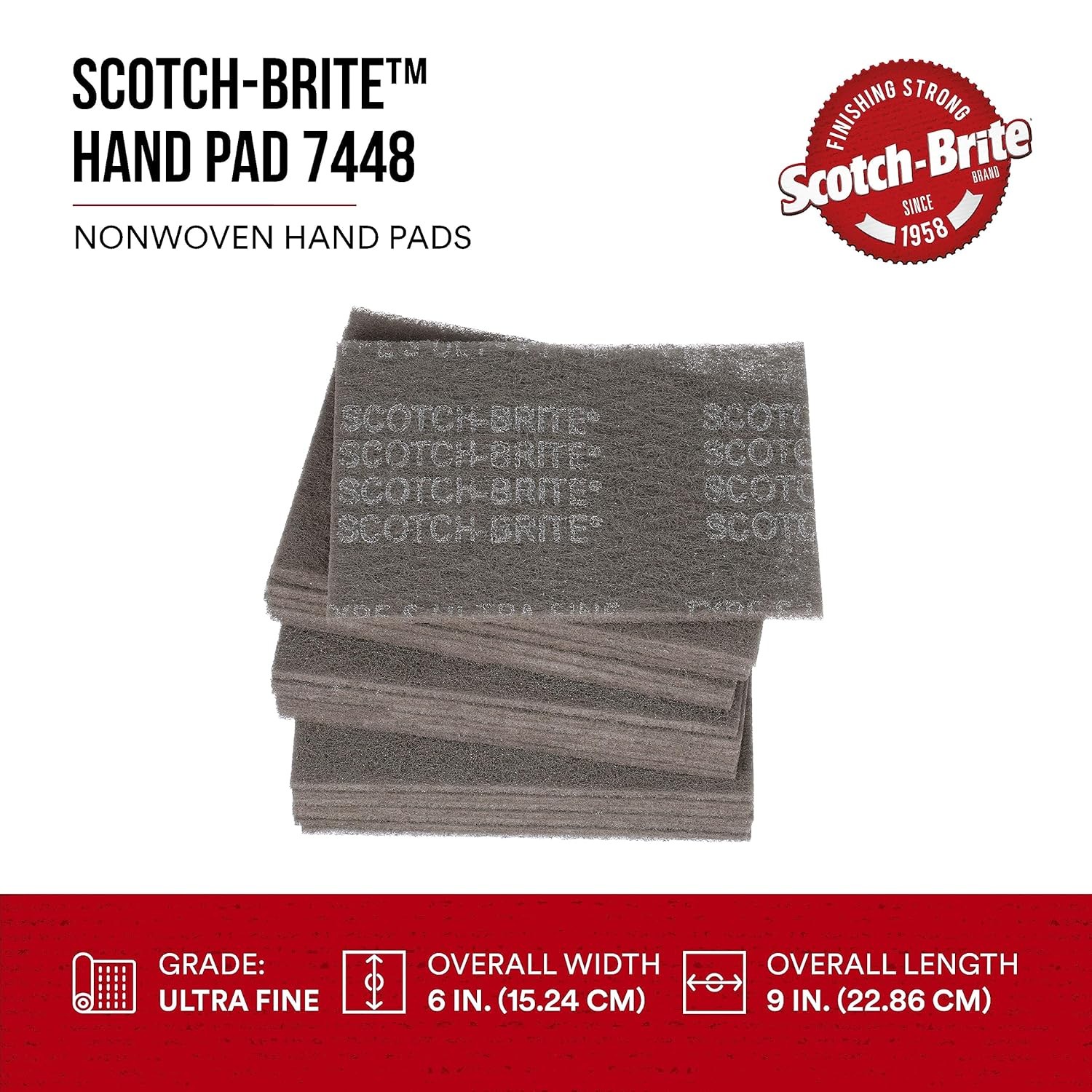 Ultra Fine Grade Hand Sanding Pads 6 in x 9 in Pack of 3 Scotch Brite Hand Pads