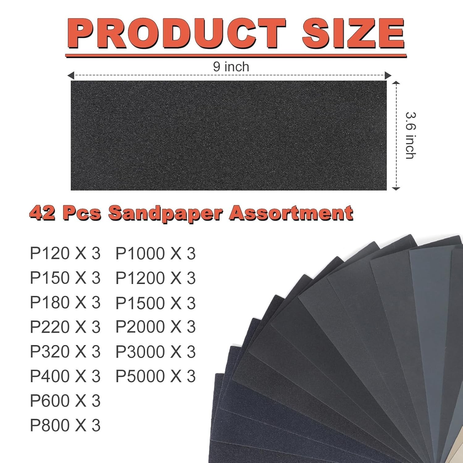 Wet Dry Sandpaper Sheets 9×3.6, 42Pcs Assorted Grit 120-5000