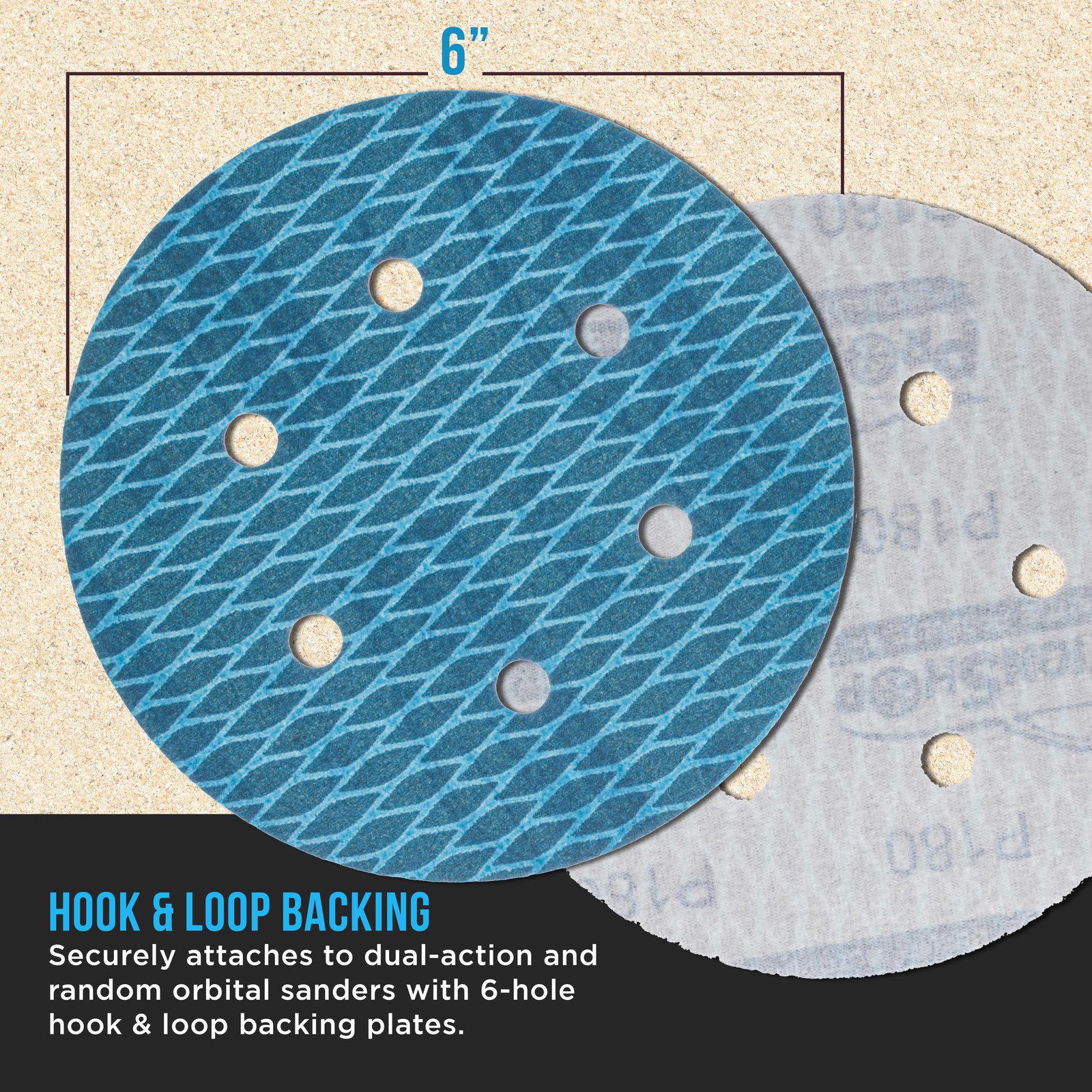 180 Grit 6″ Diamond Shape Sanding Discs, 6-Hole, Box of 50 Hook & Loop Sandpaper