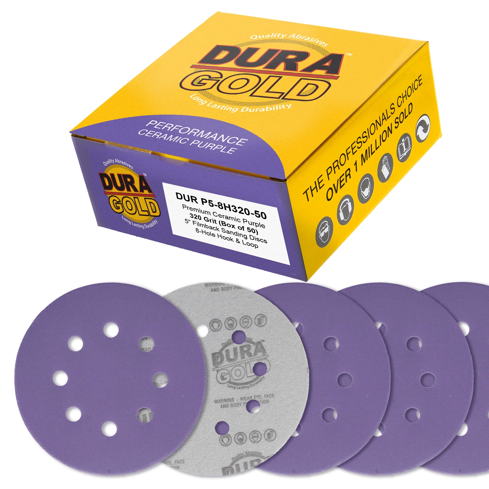 320 Grit 5″ Ceramic Sanding Discs, 8-Hole, Box of 50 – Hook & Loop Sandpaper