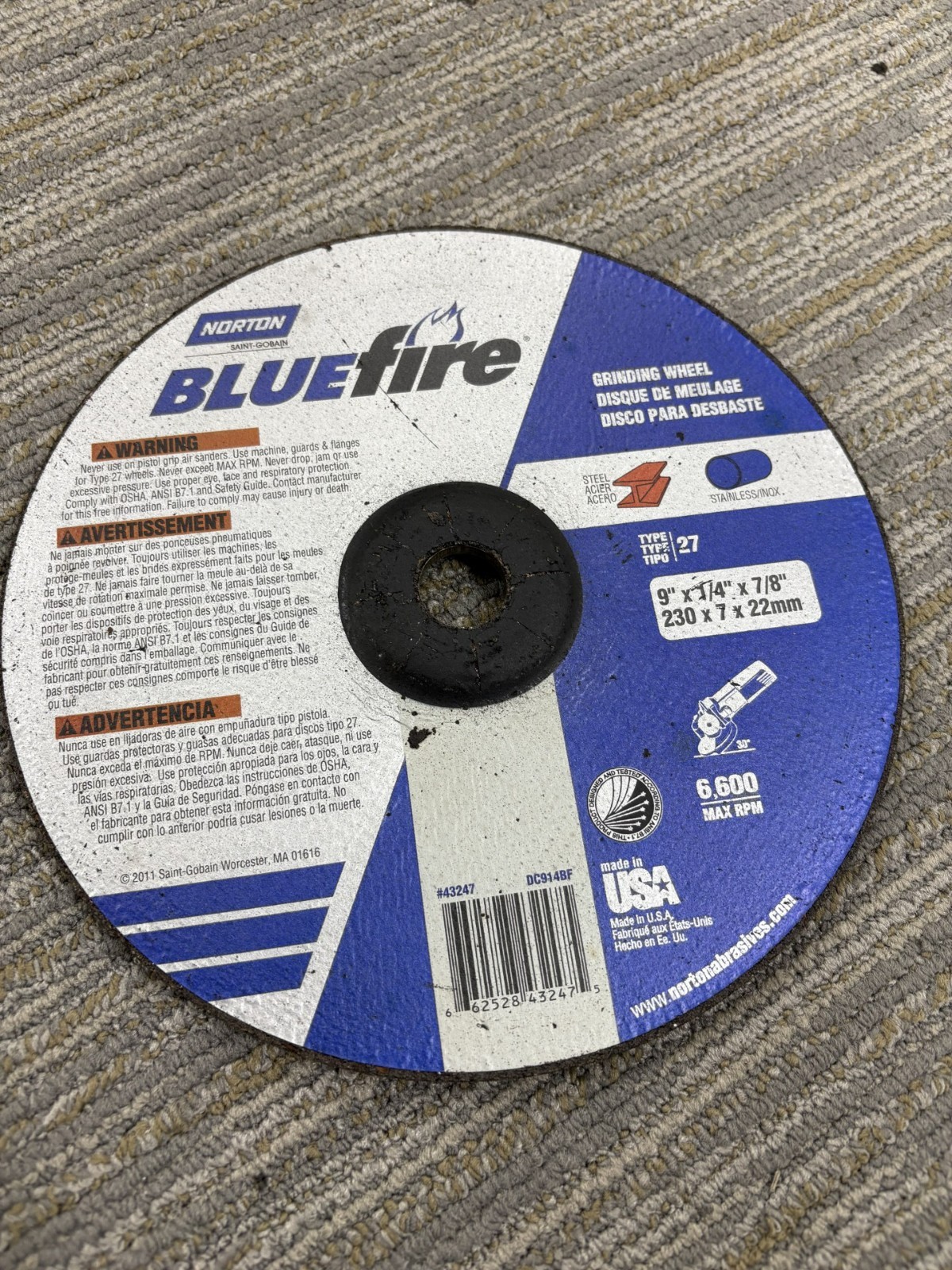 Norton Bluefire Grinding Wheel – 43247 – 9″x1/4″x7/8″ – 6,600 RPM – 30° -Type 27