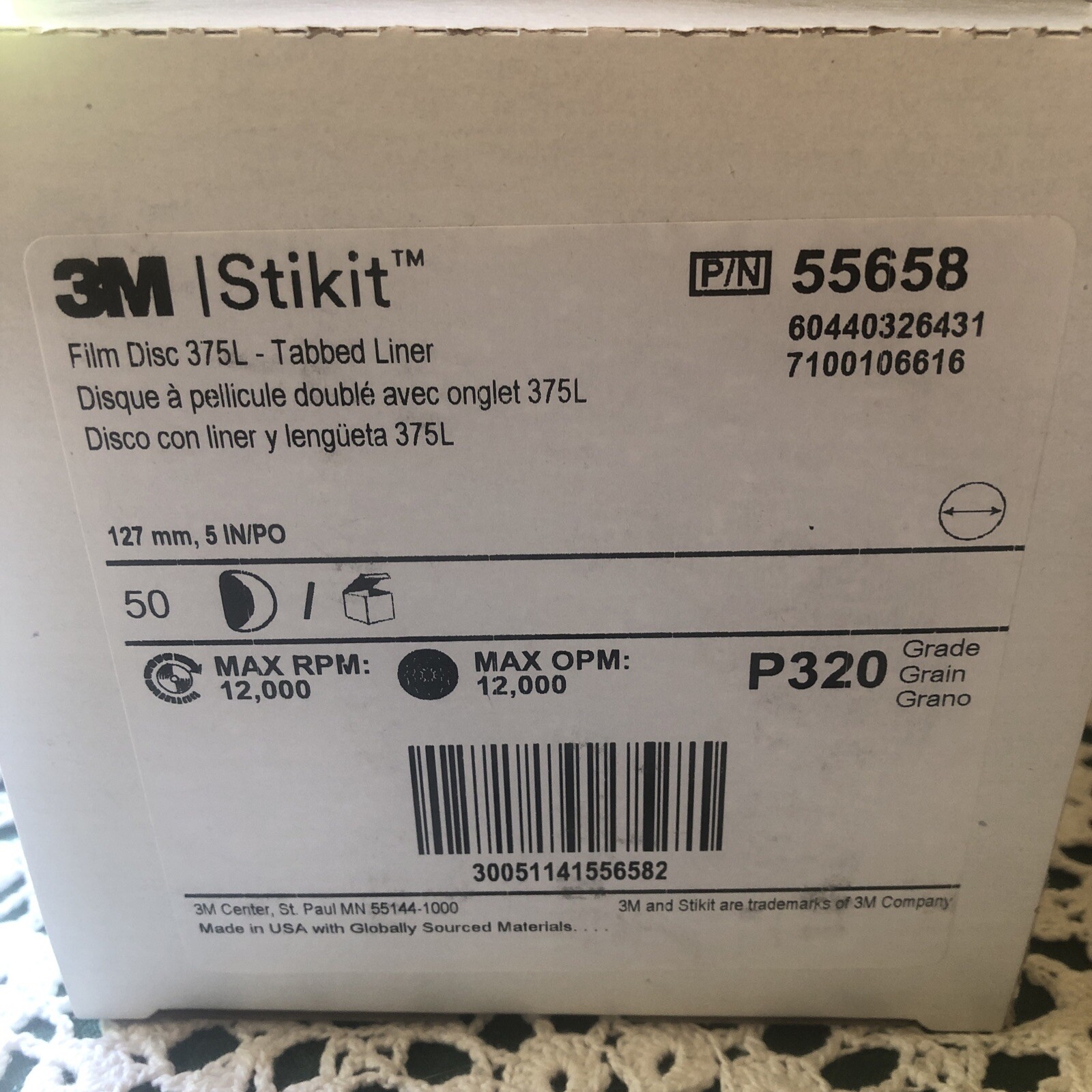 3M Stikit Film Disc W/tab 375L P320 5” 50 P/pkg 250 P/case