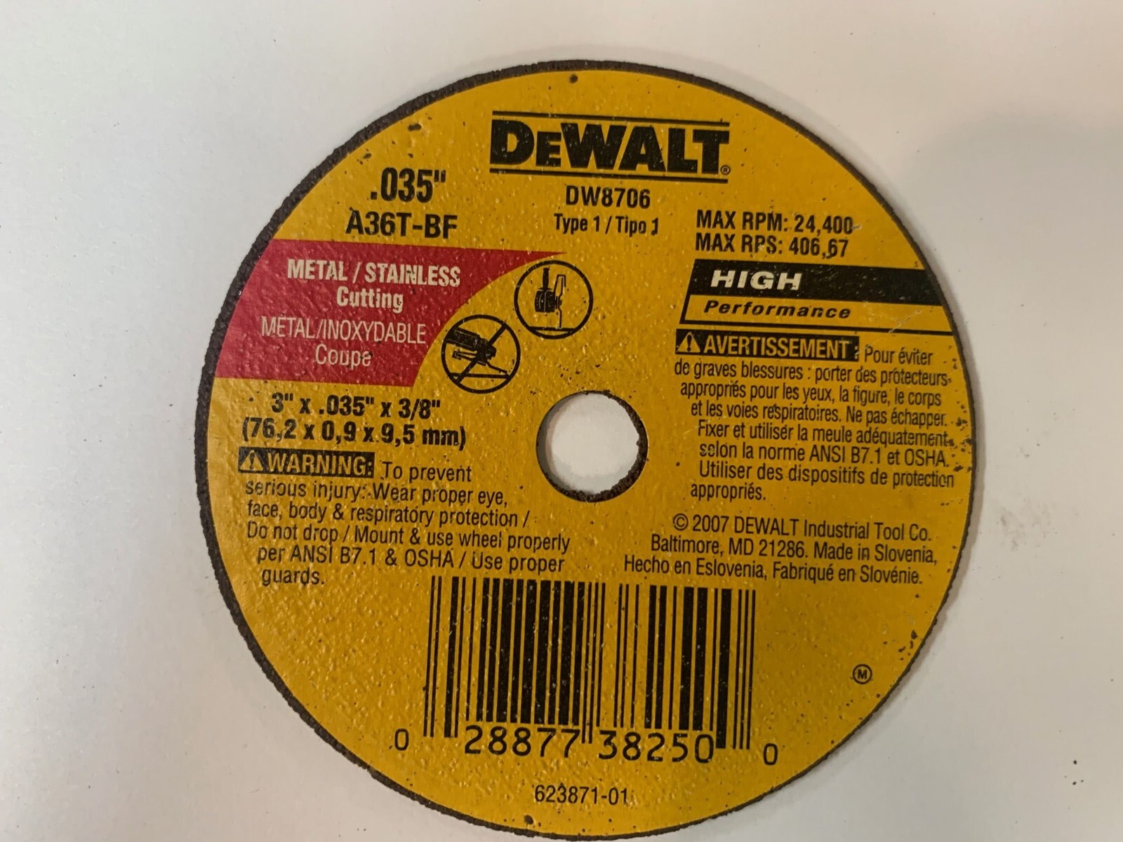 DeWalt DW8706 3″ x .035″ x 3/8″ Steel & Stainless Type 1 Cutting / Cutoff Wheel