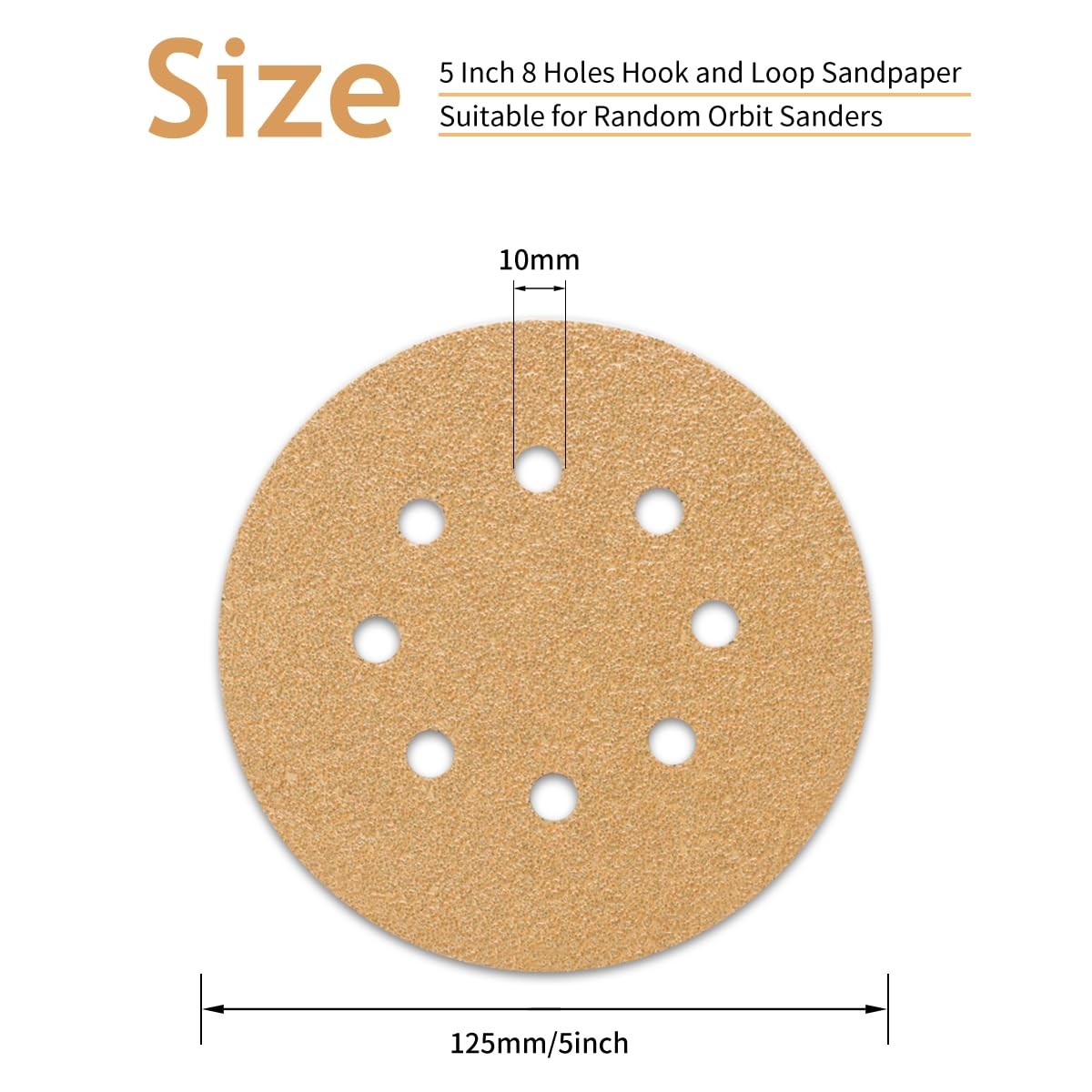 50 PCS 40 Grit 5 Inch 8 Hole Sanding Discs, Hook and Loop Gold Sandpaper Pads fo