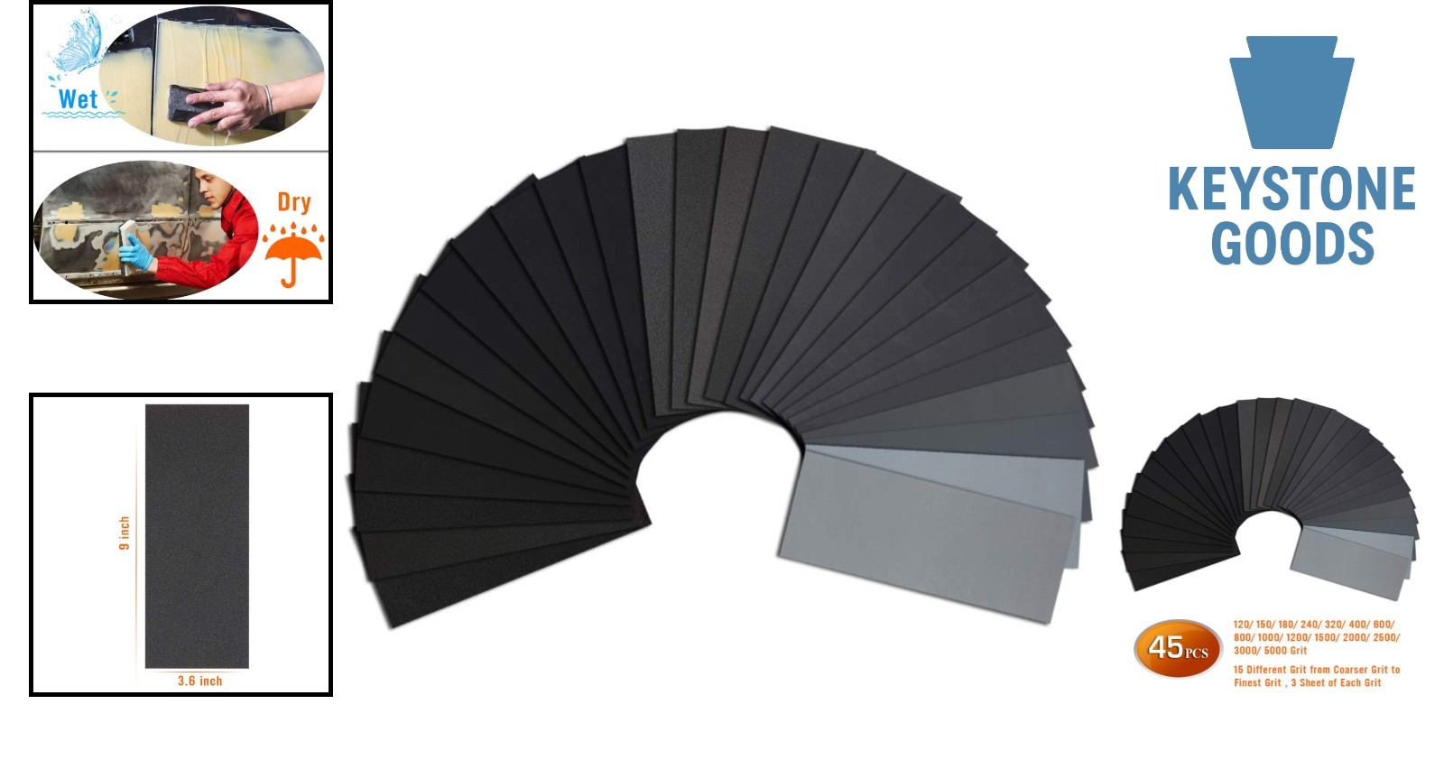 45PCS Waterproof Sandpaper Assorted Grit for Wood, Metal & Automotive