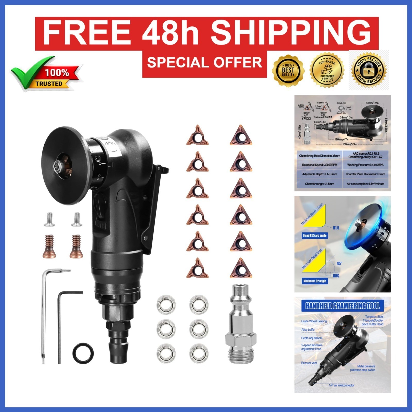 Pneumatic Chamfering Tool Handheld Air-Powered for Metal & Wood