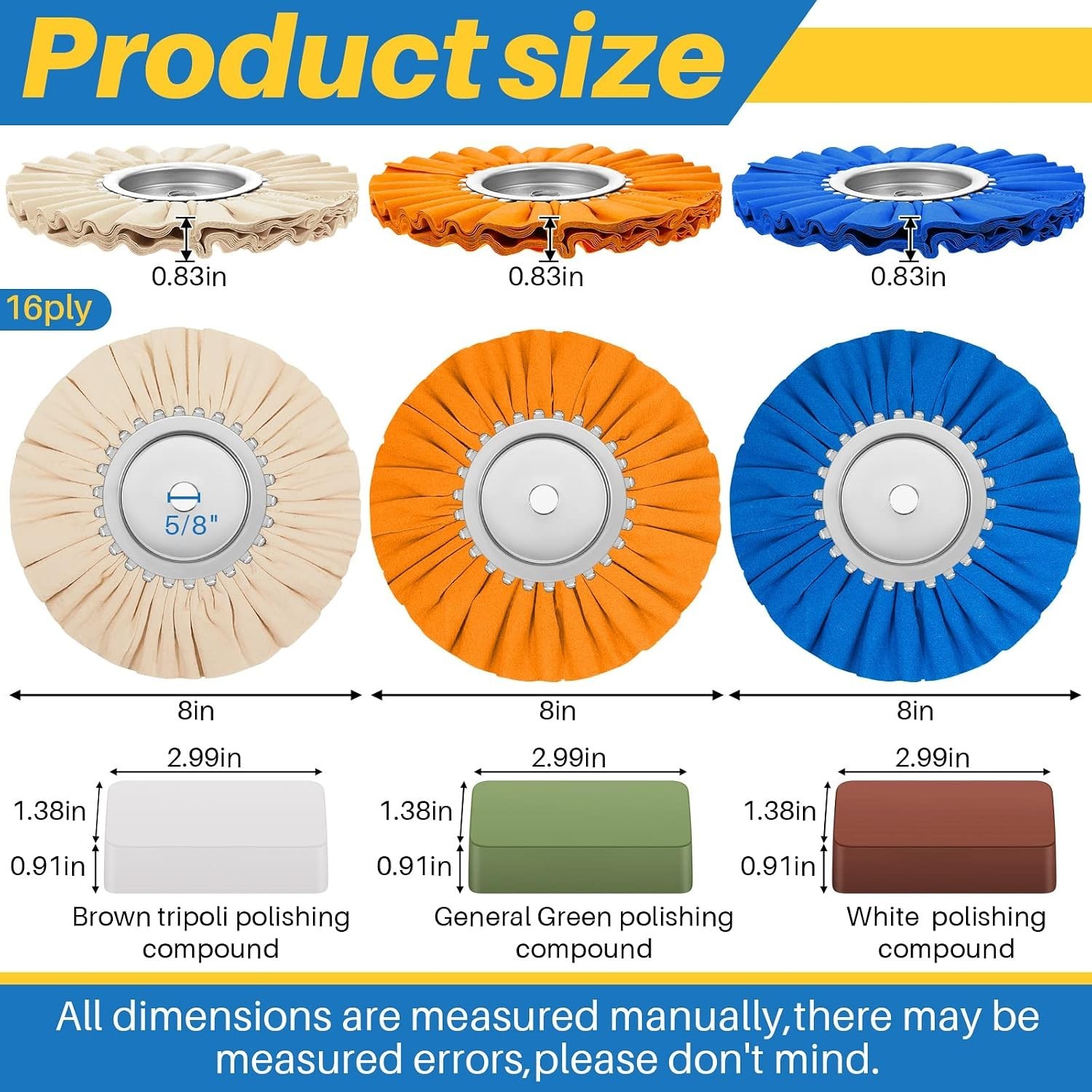 7 Pcs 8″ Airway Buffing Wheel Kit in Diameter 5/8Aluminum Metal Polishing Wheel