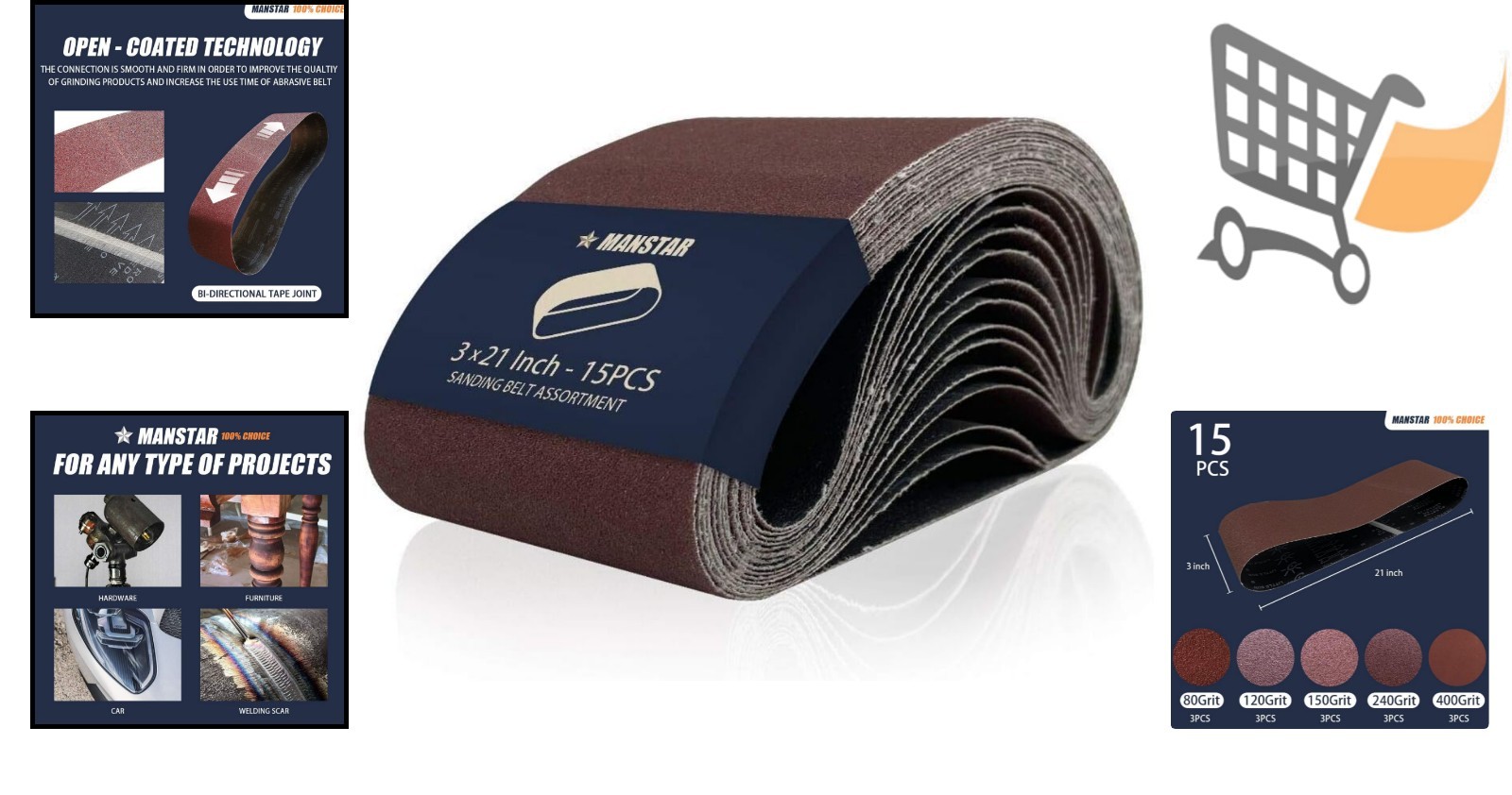 15 pcs Sanding Belts Aluminum Oxide 3×21 In Grits for Wood Metal Glass