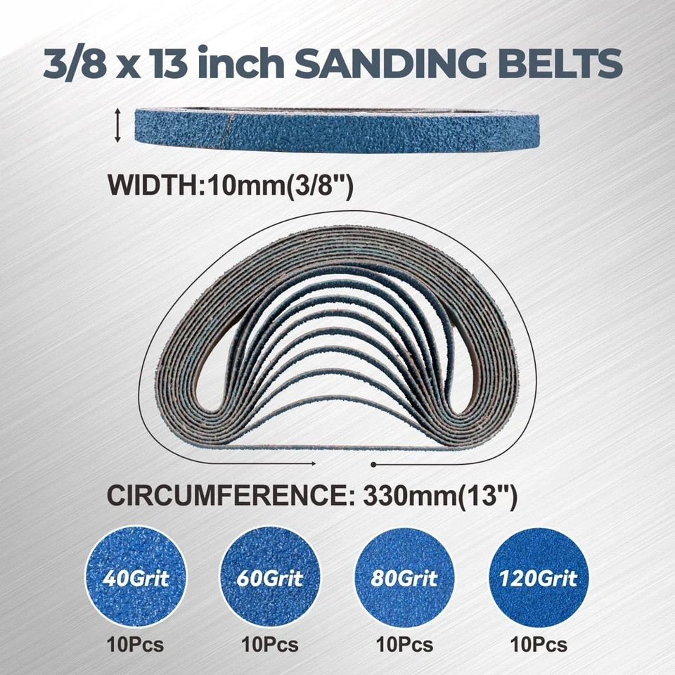 3/8 x 13 Inch Zirconia Sanding Belts, 40Pcs 10 Each of 40/60/80/120 Blue