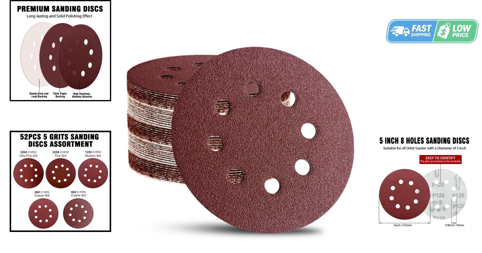 Versatile 52-Pack Hook and Loop Sanding Discs – 5 Inch for Smooth Finishes