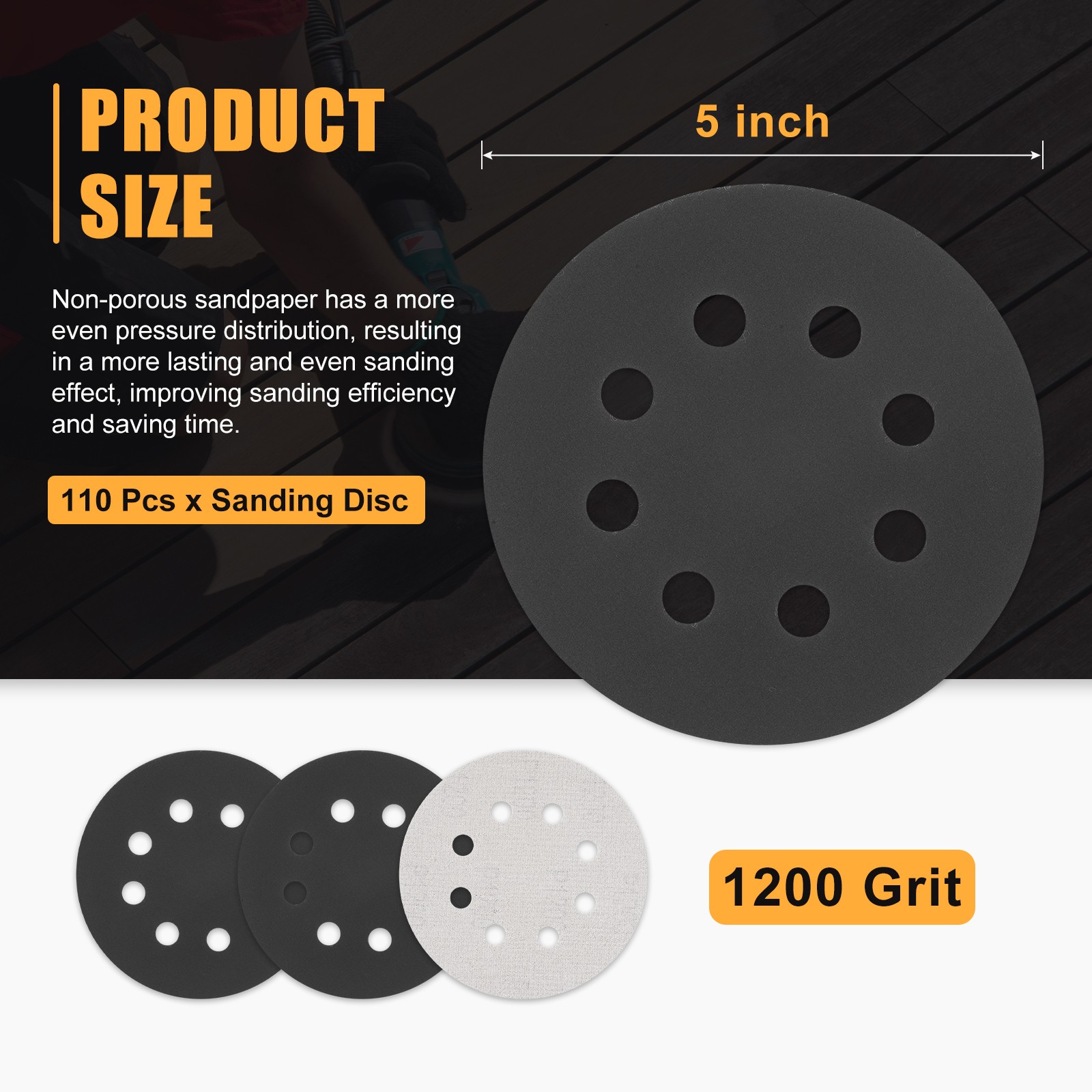 110 Pcs 5 Inch Sanding Disc 1200 Grit 8 Hole Round Hook and Loop Sandpaper,Black