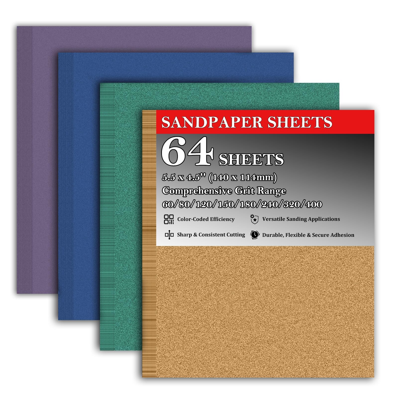 64 Pcs 1/4 Sheet Sandpaper 8 Grits Assortment Wood Metal Automotive Drywall