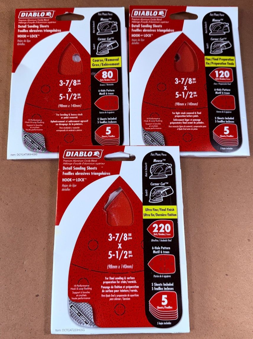 (3) 5-packs Diablo Hook Lock 3-7/8” x 5-1/2″ Sanding Pads 80/120/220 Grit
