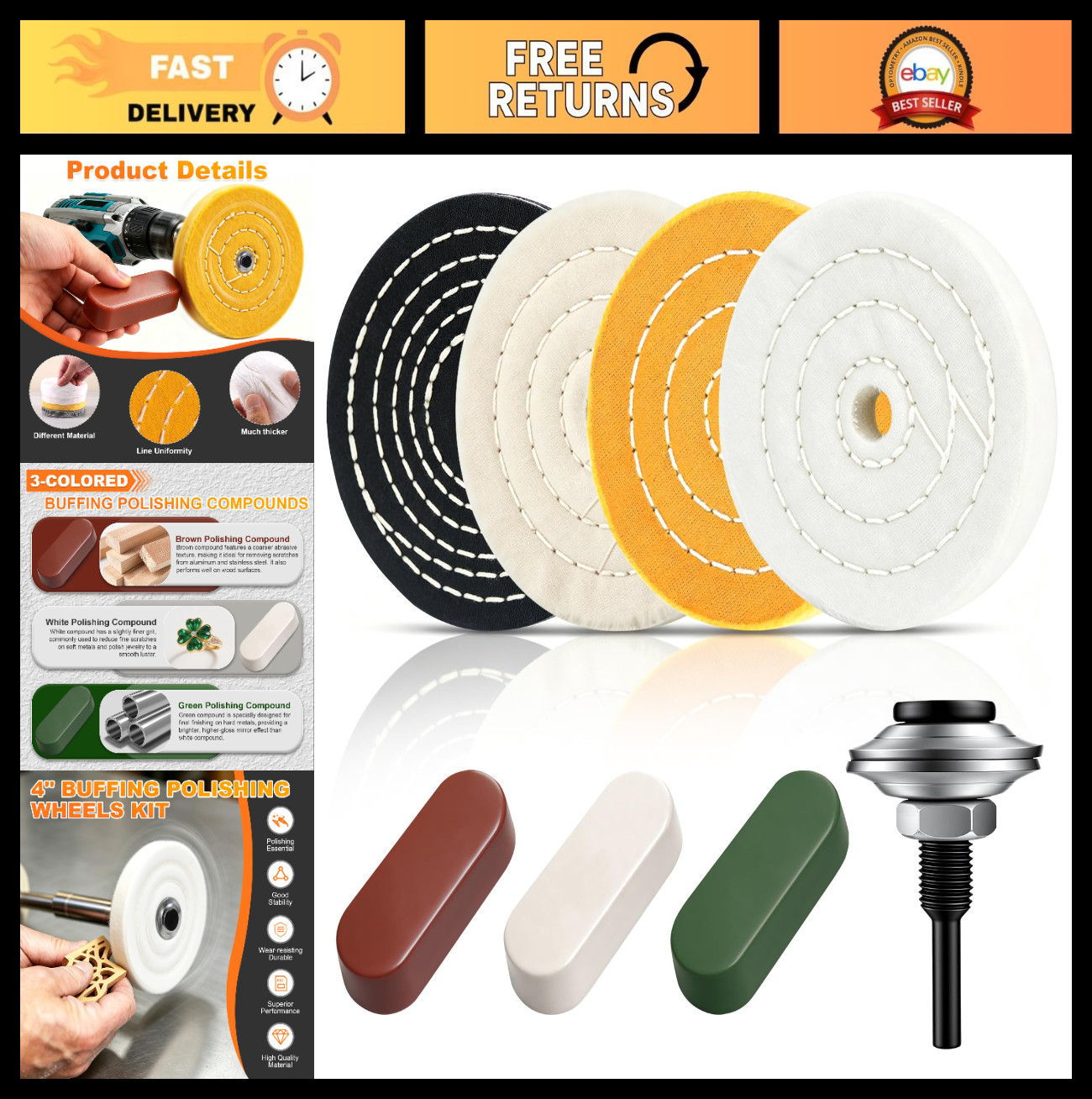 4″ Metal Buffing & Polishing Wheel Kit for Drill – 8PCS with Cotton Wheels & Com
