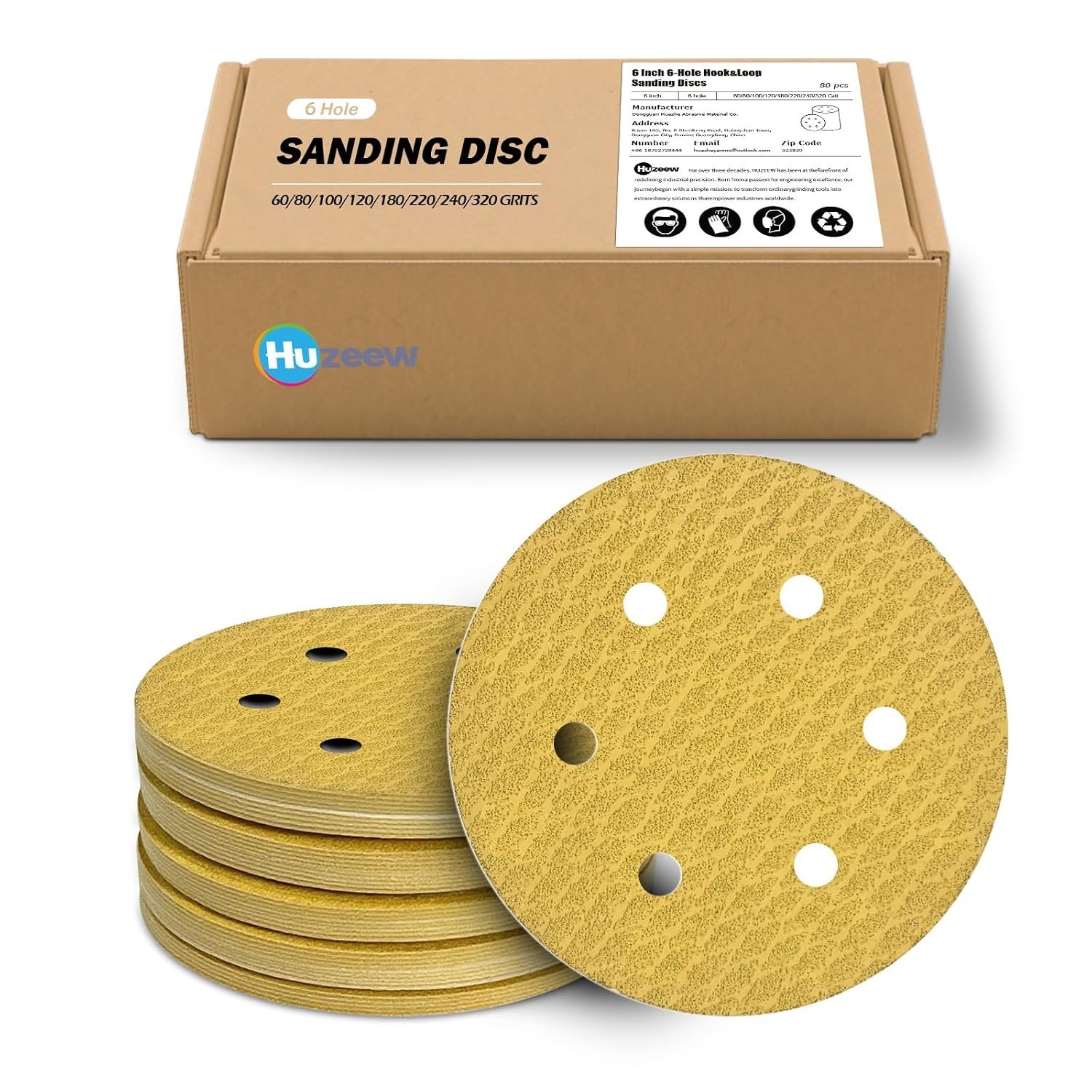 100Pcs 6 Inch 6-Hole Hook&Loop Sanding Discs, 180 Grit Diamond Yellow Sand, D…