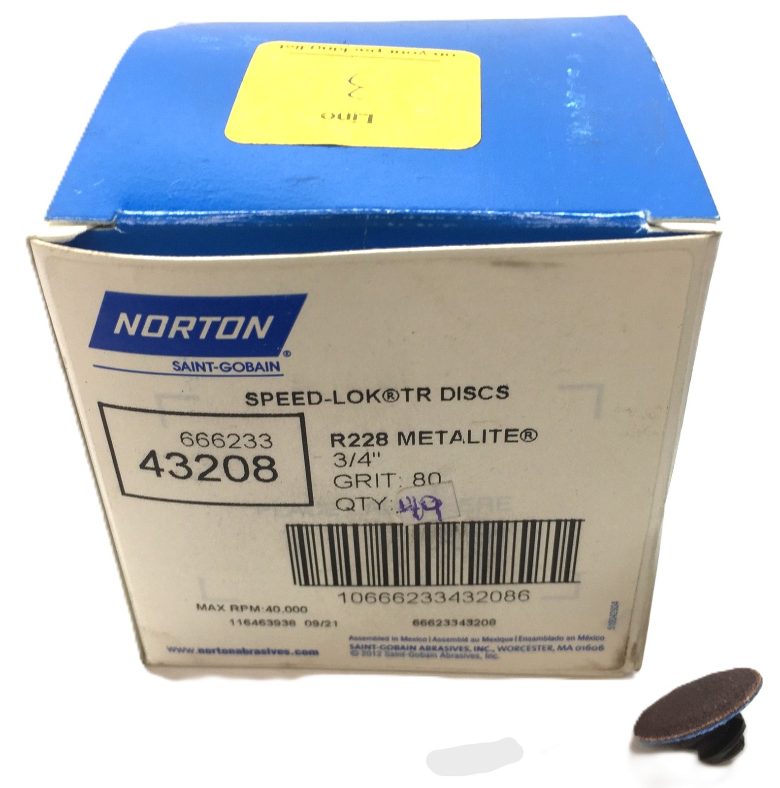 Norton Saint-Gobain 3/4″ 80-Grit Speed Lok TR Disc 666233-43208 [Lot of 49] NOS