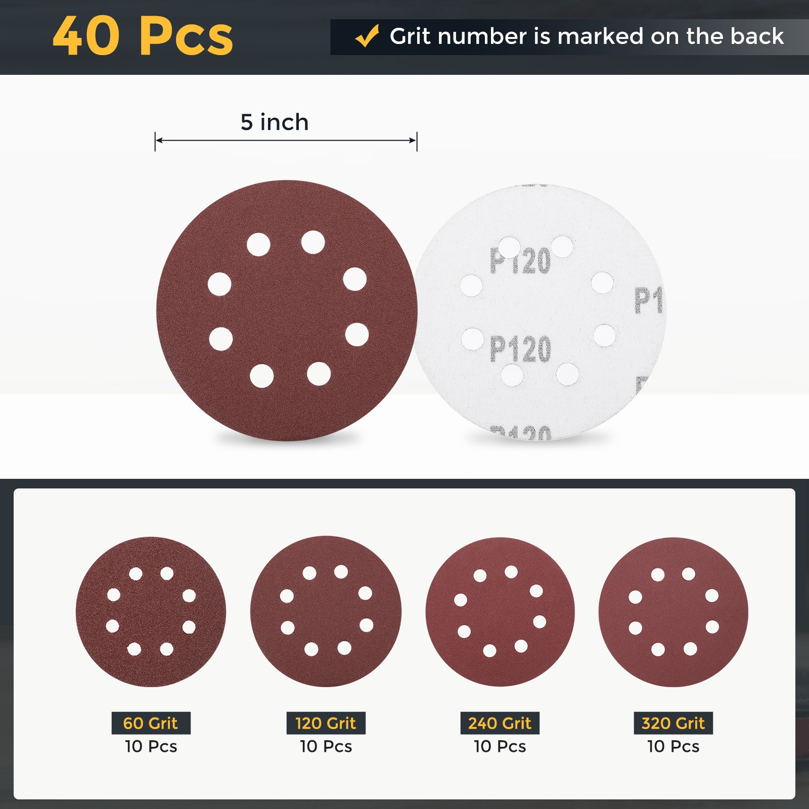 40 Pcs 5 Inch Sanding Disc 8 Hole 60/120/240/320 Grit Hook and Loop Sandpaper