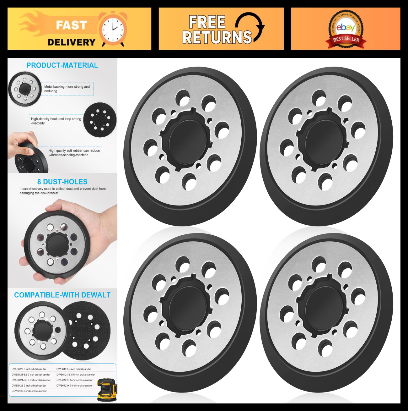 4 Pack 5″ Orbital Sander Replacement Pads, 8 Hole Hook & Loop, Metal Sanding Dis