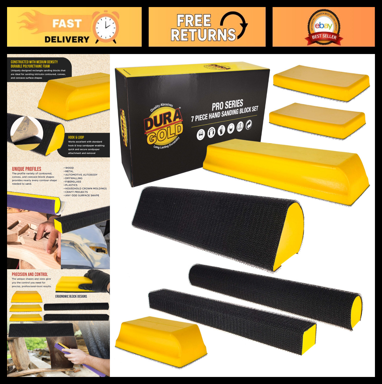 7-Piece Hand Sanding Block Set – Hook & Loop Sander Pads for Wood, Auto Body, De