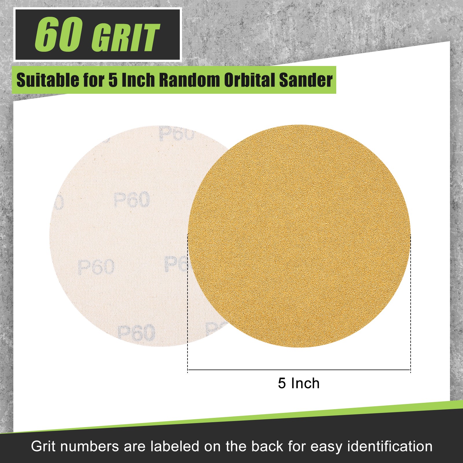 40 Pcs 5 Inch 60 Grit Hook and Loop Sanding Disc, Yellow