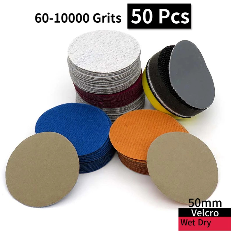 50 PCS 2 Inch Wet and Dry Sandpaper Hook and Loop Silicon Carbide Assorted 60-10