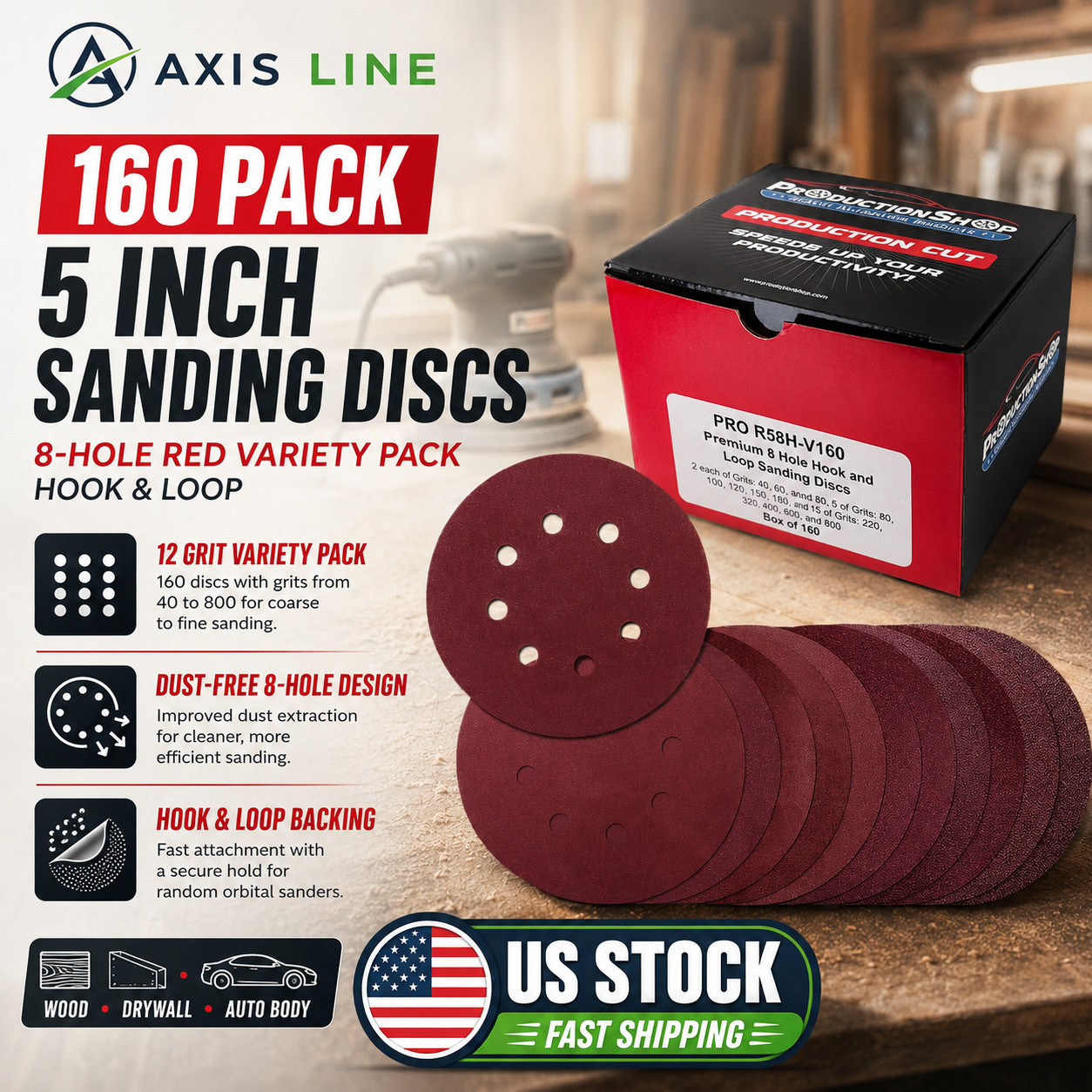 160 Pack 5 inch Sanding Discs 8-Hole Red Variety Pack Grit, Hook ,Loop Sandpaper